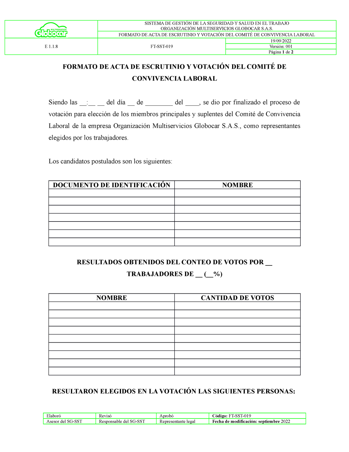 Ft Sst 019 Formato De Acta De Escrutinio Y Votación Del Comité De