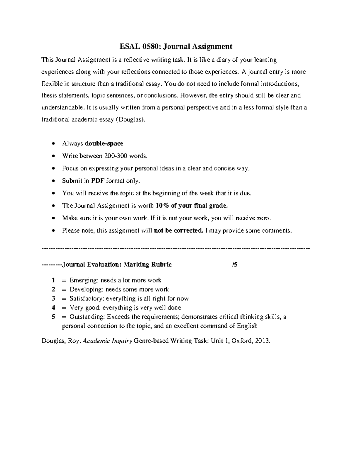 0580 Journal instructions Sep 2023 - ESAL 0580: Journal Assignment This ...