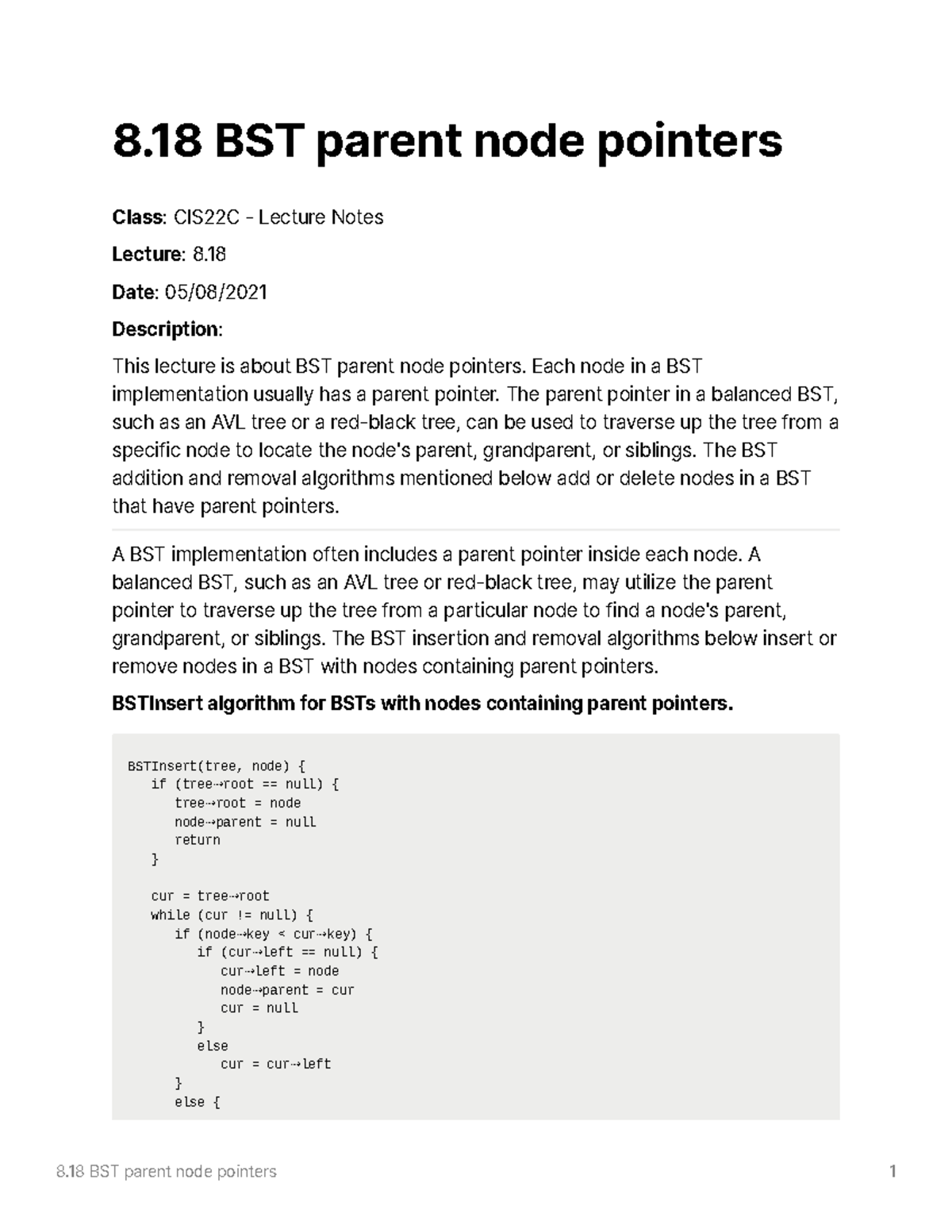 8.18 BST parent node pointers - 8 BST parent node pointers Class ...