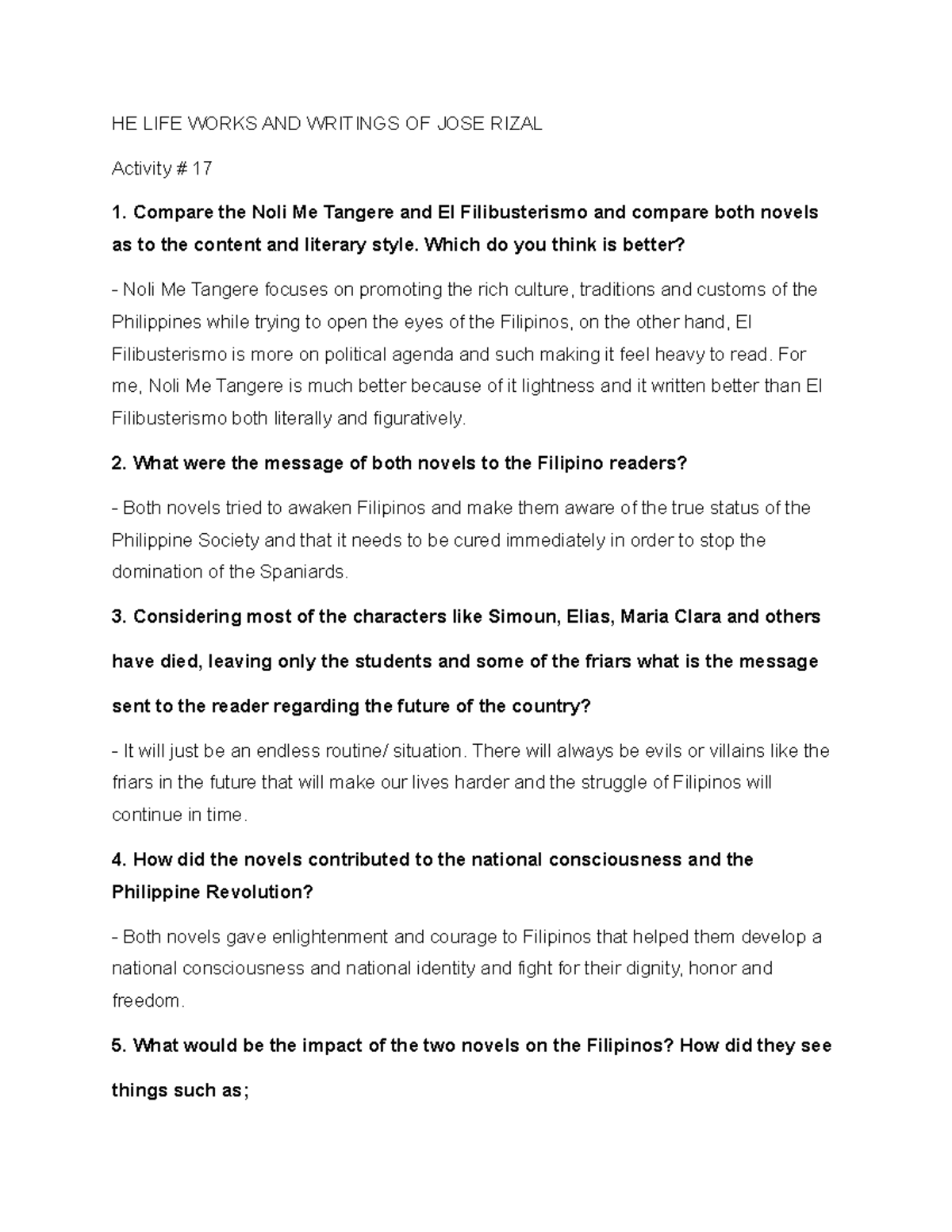 R17 - R17 RIZAL - HE LIFE WORKS AND WRITINGS OF JOSE RIZAL Activity ...