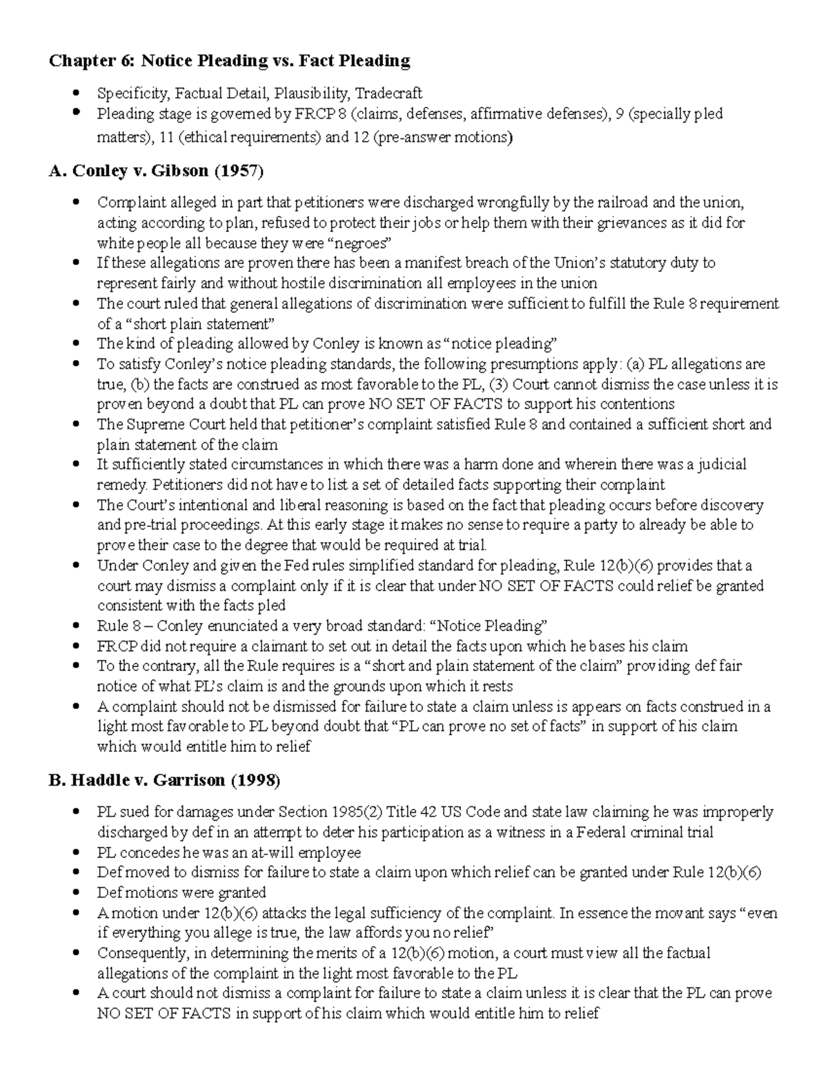 Civ Pro (Pleading) - Chapter 6: Notice Pleading vs. Fact Pleading ...