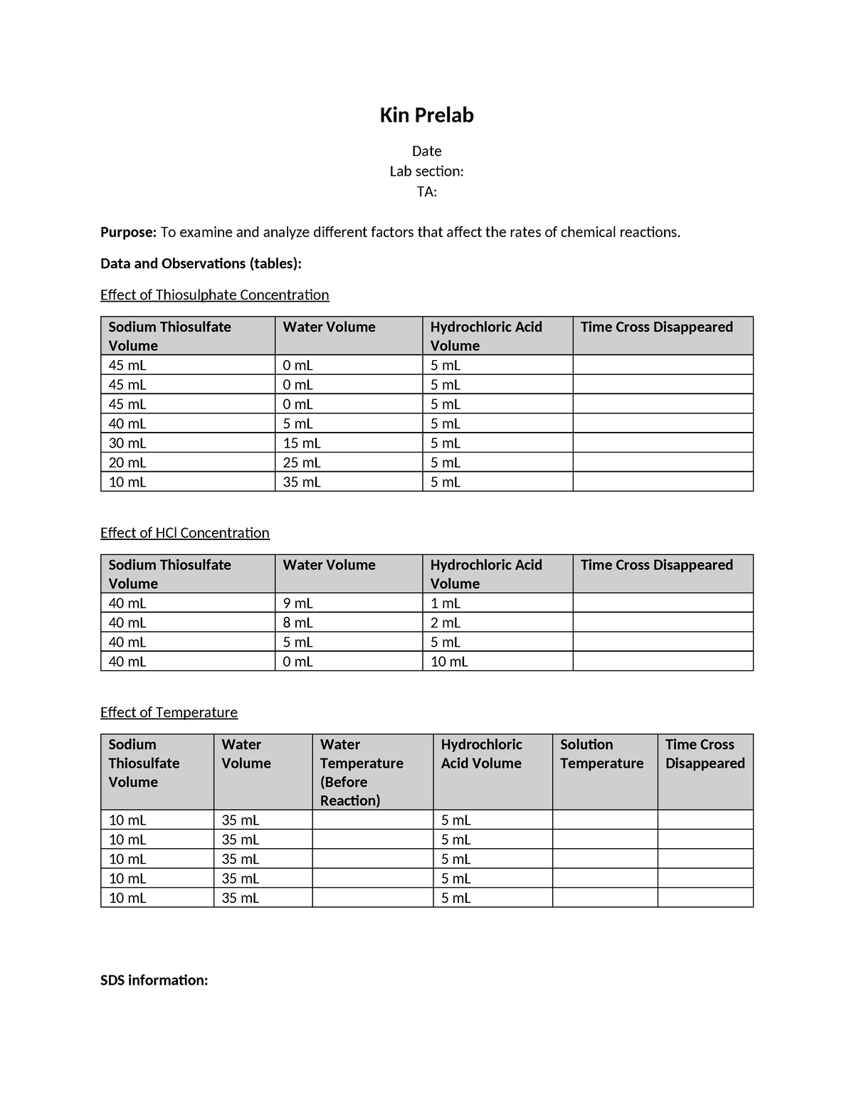 Prelab for Kin lab Kin Prelab Date Lab section TA Purpose To