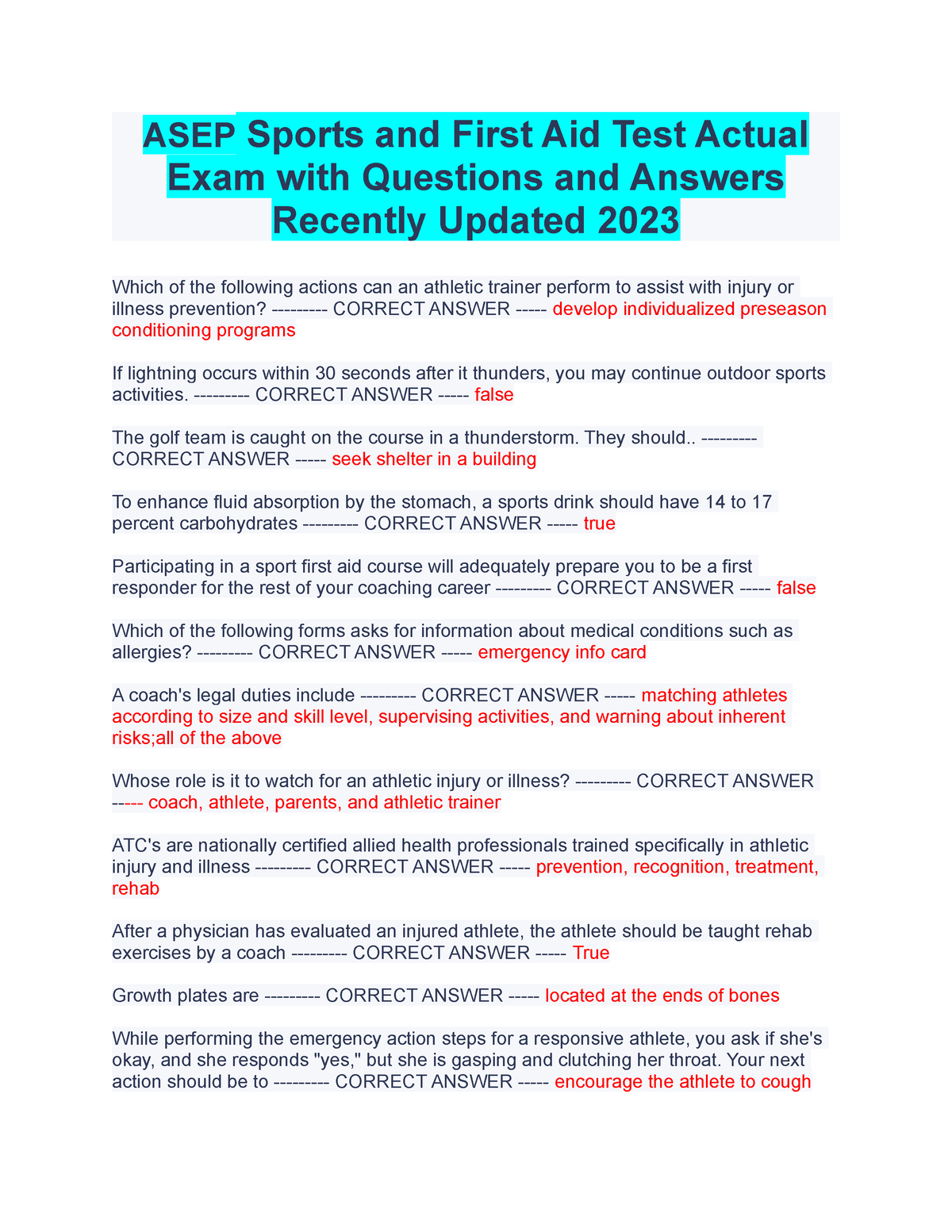 ASEP Sports and First Aid Test Actual Exam with Questions and Answers  Recently Updated 2023 - Studocu