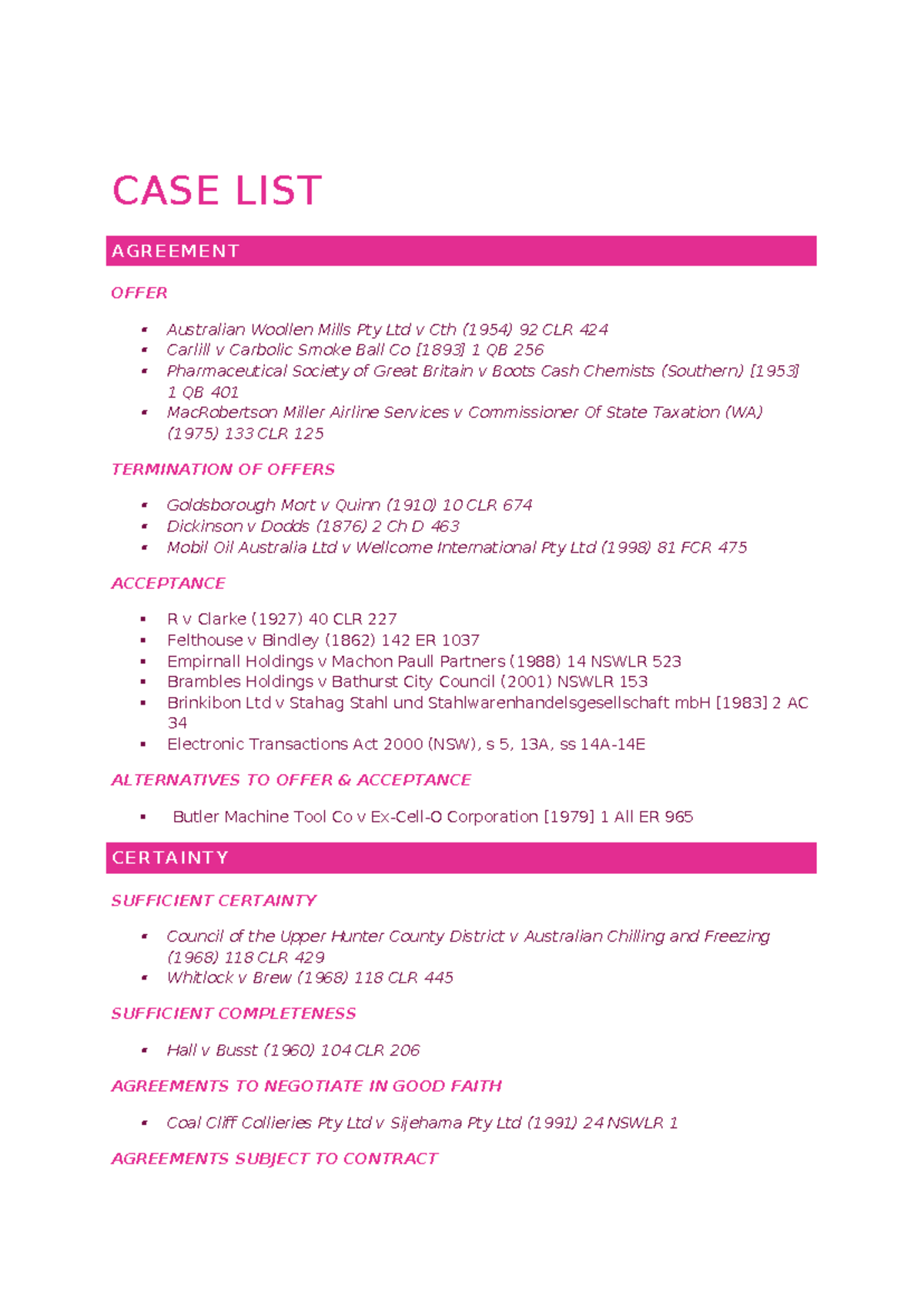 CASE LIST - Summary Contracts - CASE LIST AGREEMENT OFFER Australian ...