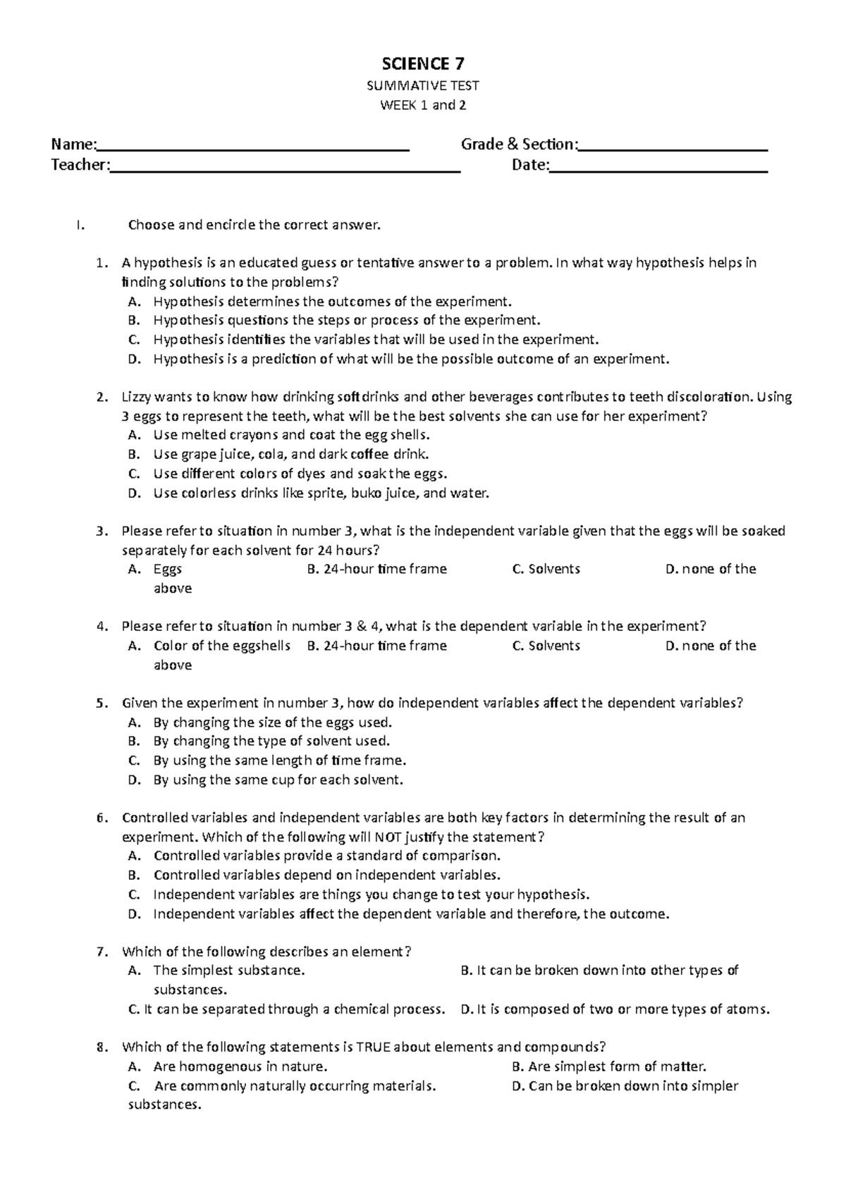 SBD1 Science 7 1st Q WK 1 2 - SCIENCE 7 SUMMATIVE TEST WEEK 1 and 2 ...