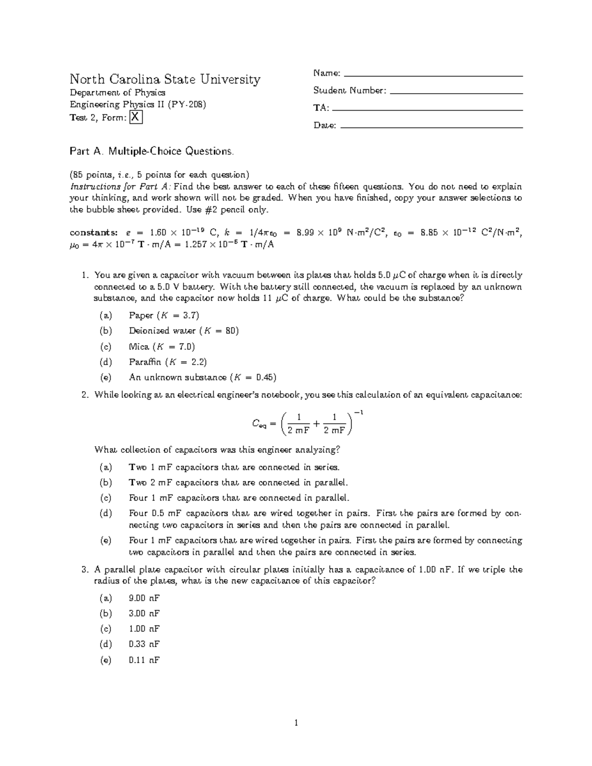 Prac Test 2G - Physics 2 Practice Test G For Test 2 Problems - North ...