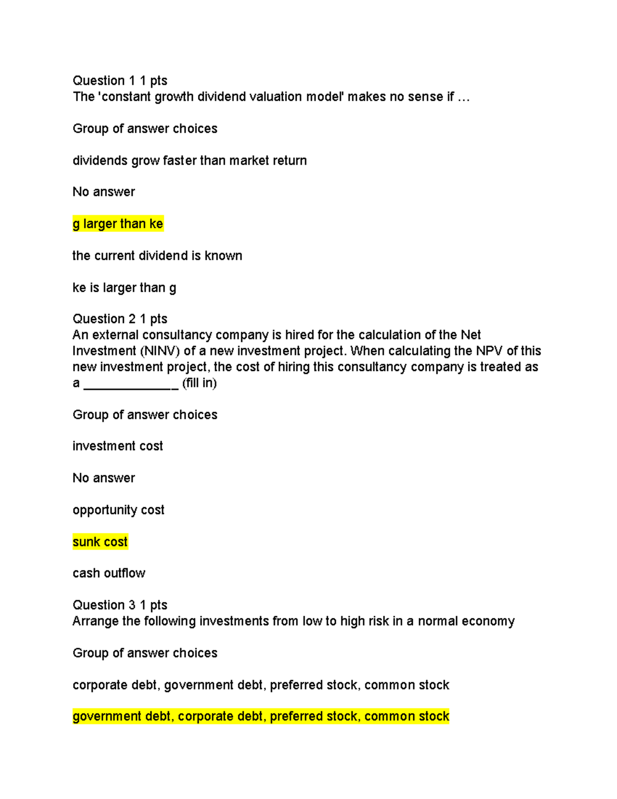 Corporate Finance exam 2 Question 1 1 pts The 'constant growth