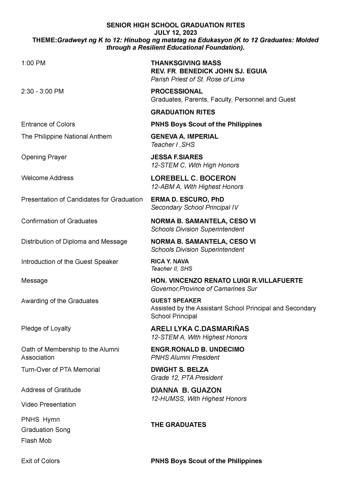 Program for SHS Graduation 2023 Final na Final - Opportunity Seeking ...