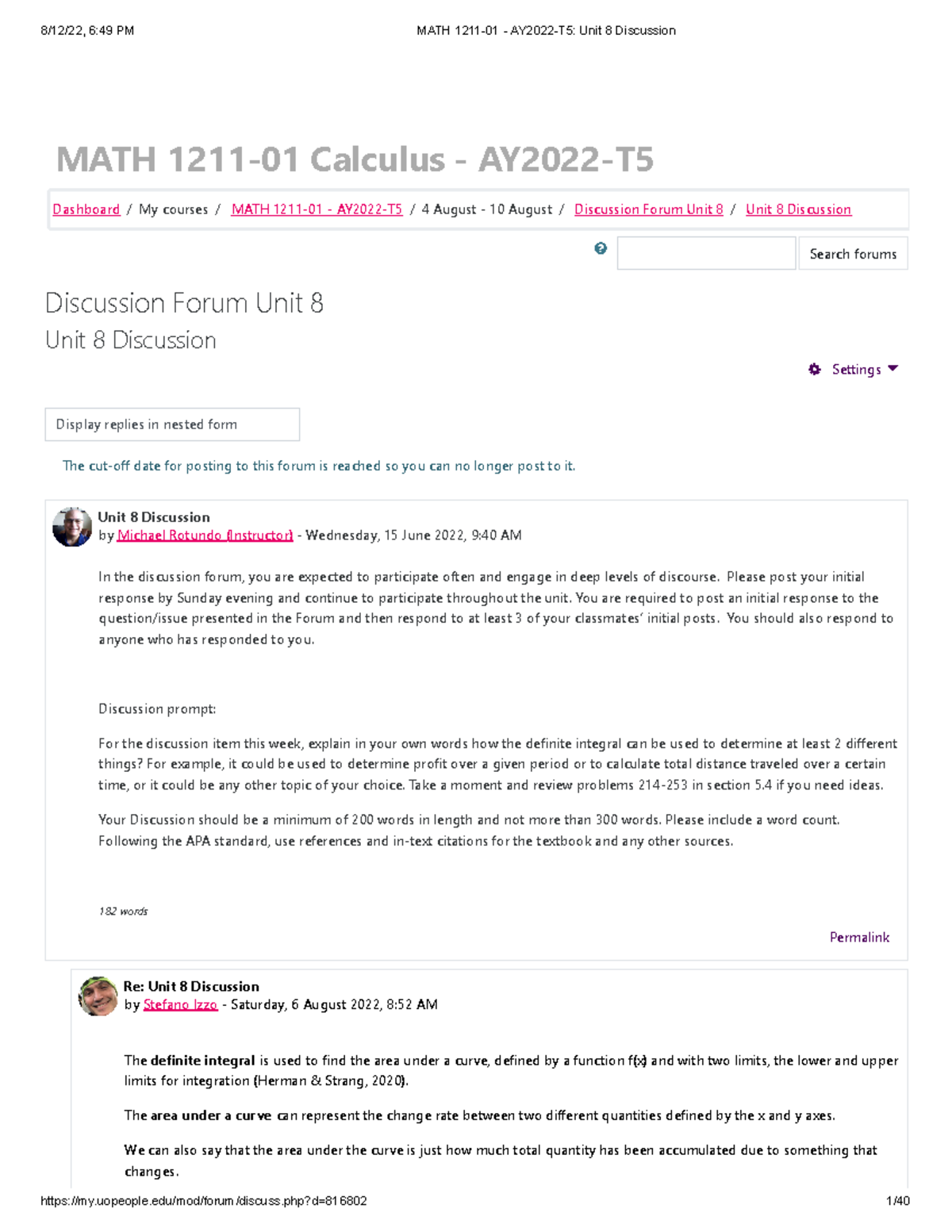 MATH 1211-01 - AY2022-T5 Unit 8 Discussion - MATH 1211-01 Calculus ...