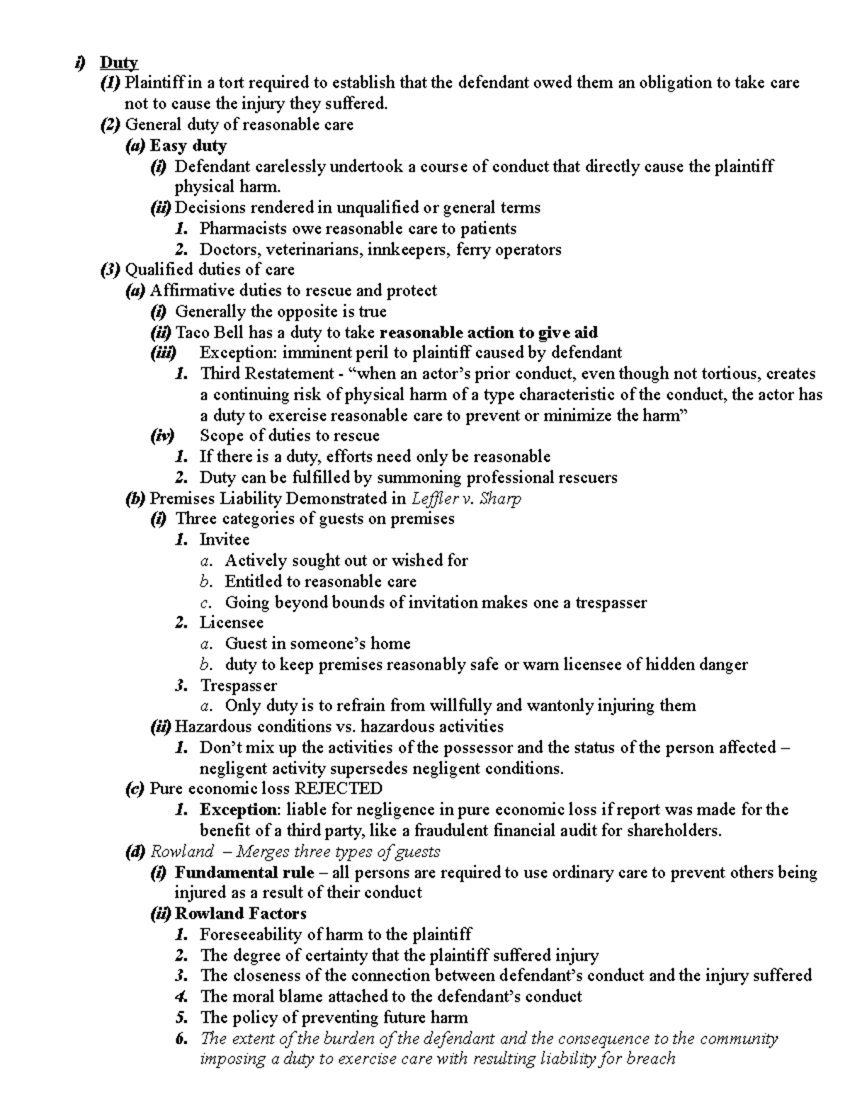 Bernstein Torts summer 2019 1 Page Abbreviated outline - i) Duty (1 ...