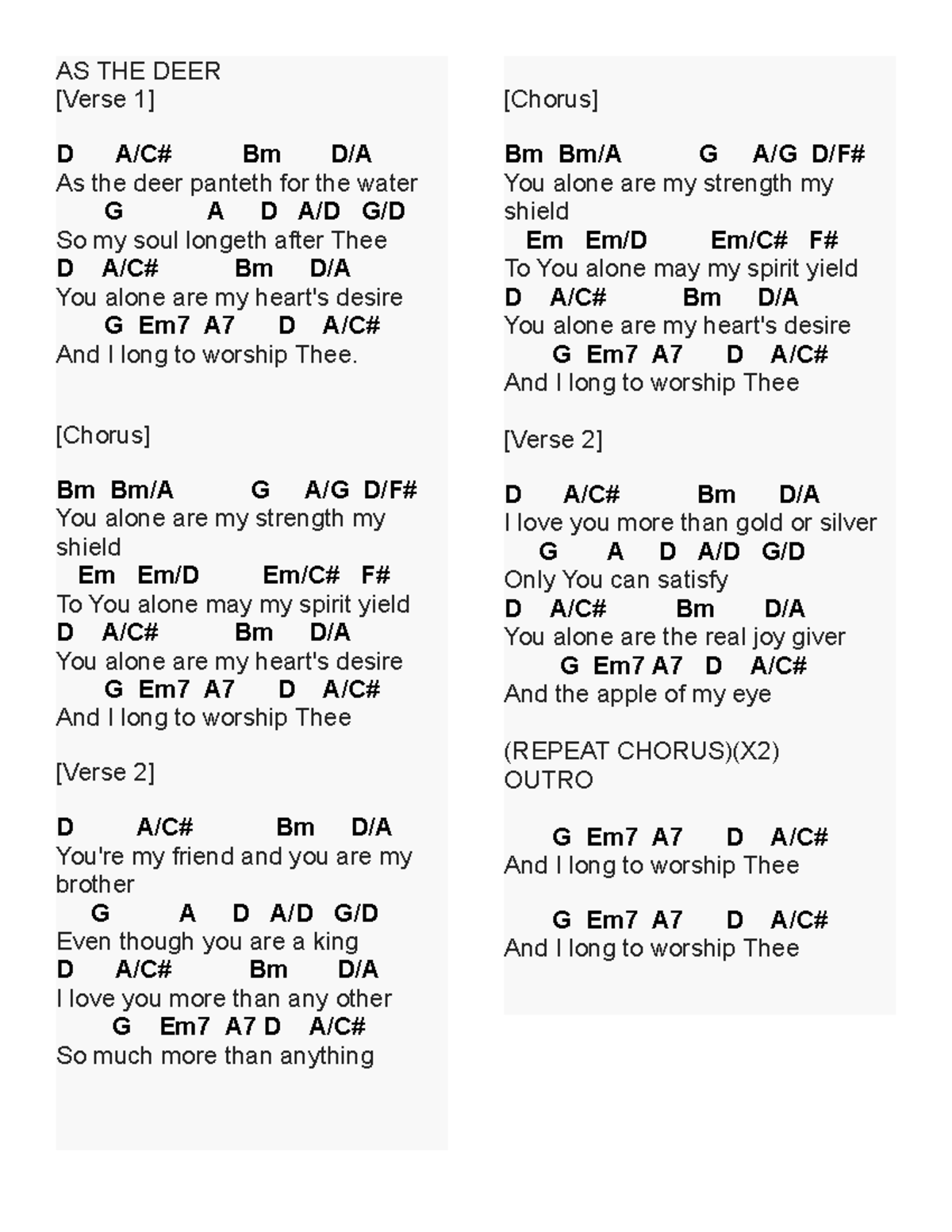 AS THE DEER Chords asasasdsadasdasd AS THE DEER [Verse 1] D A/C Bm