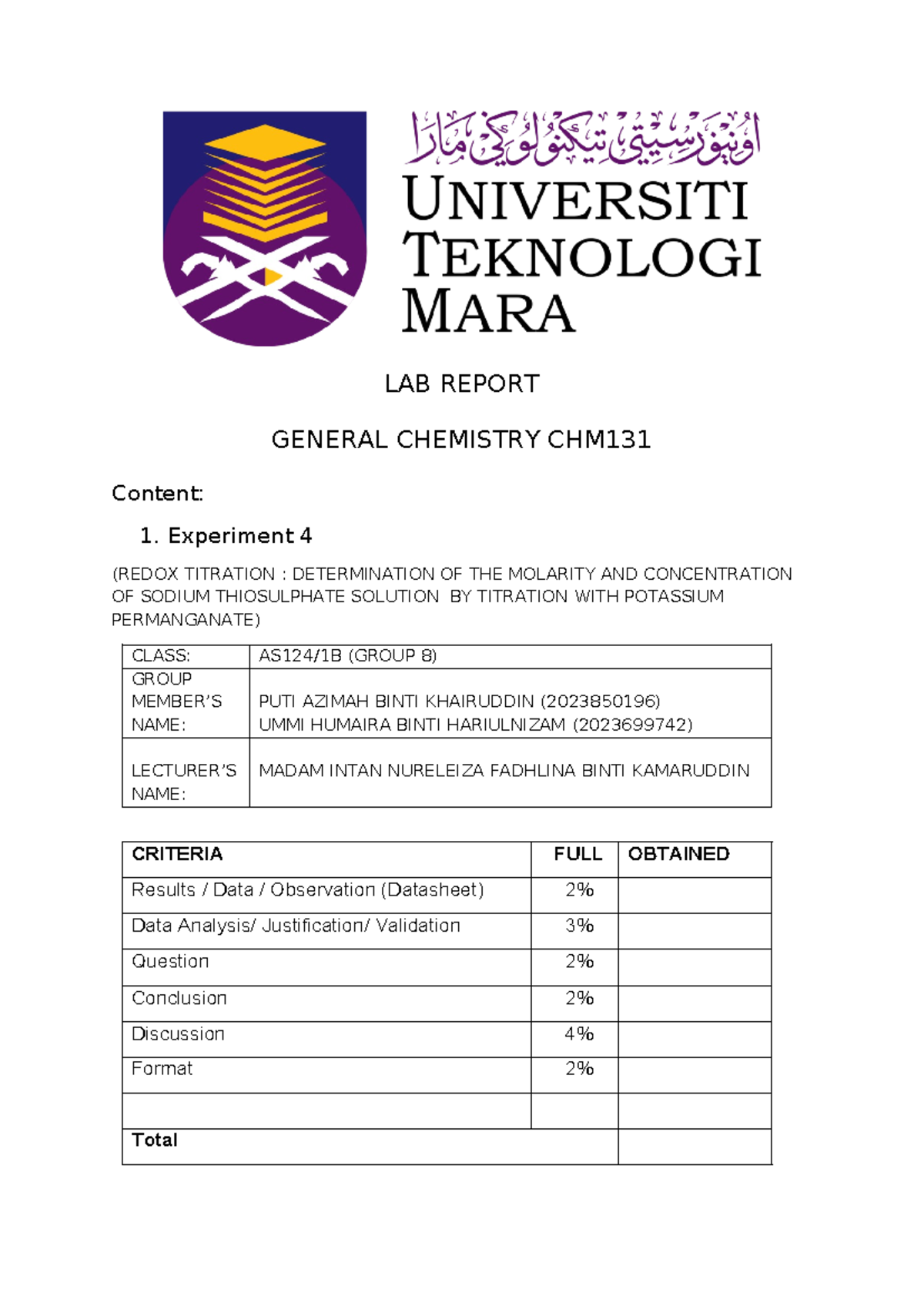 CHM131 EXP 4 [Redox Titration] LAB REPORT GENERAL CHEMISTRY CHM