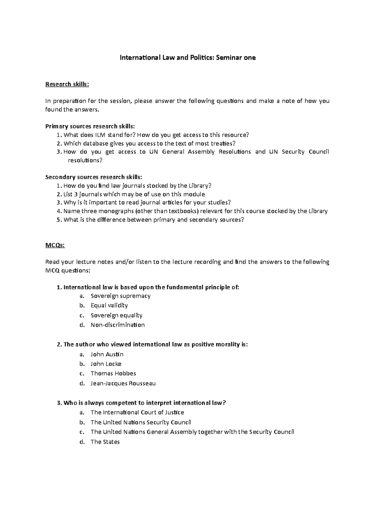 ILP seminar 1 - law notes - International Law and Politics: Seminar one ...