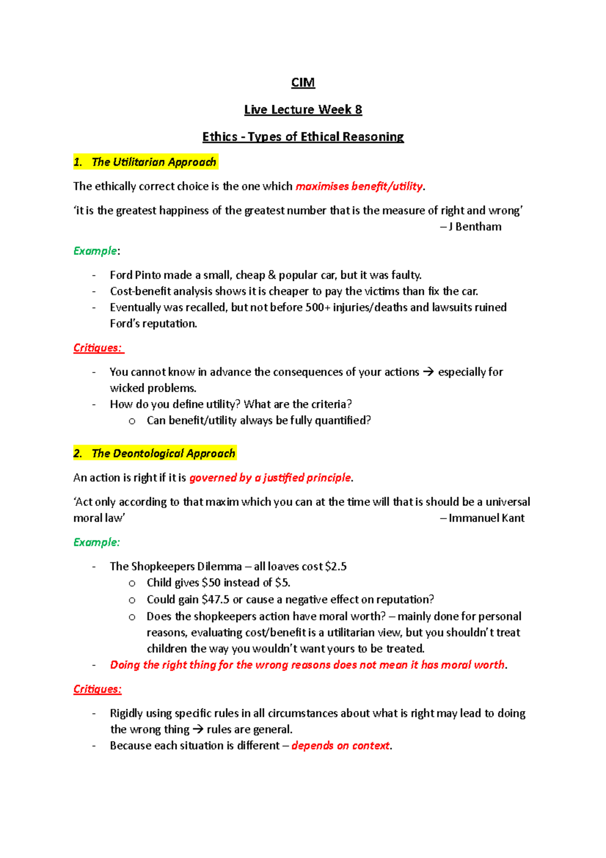 Lecture Week 8 - ethics - CIM Live Lecture Week 8 Ethics - Types of ...