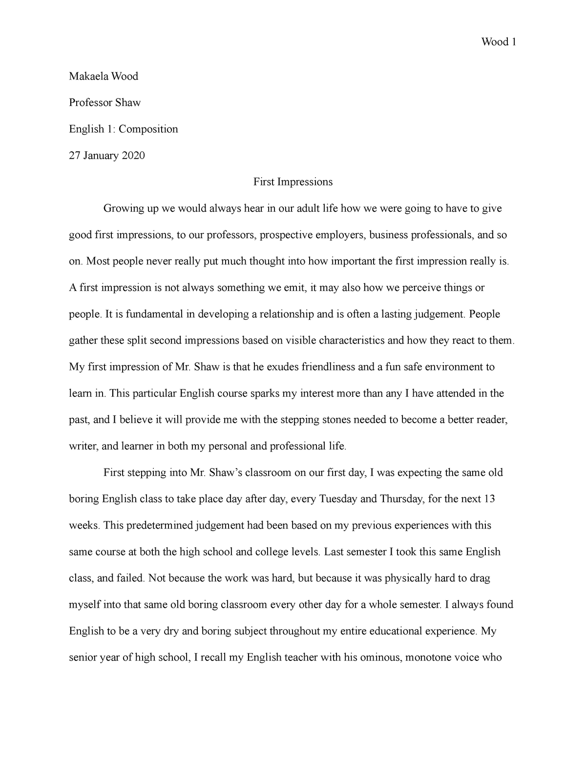 first impression in english class essay