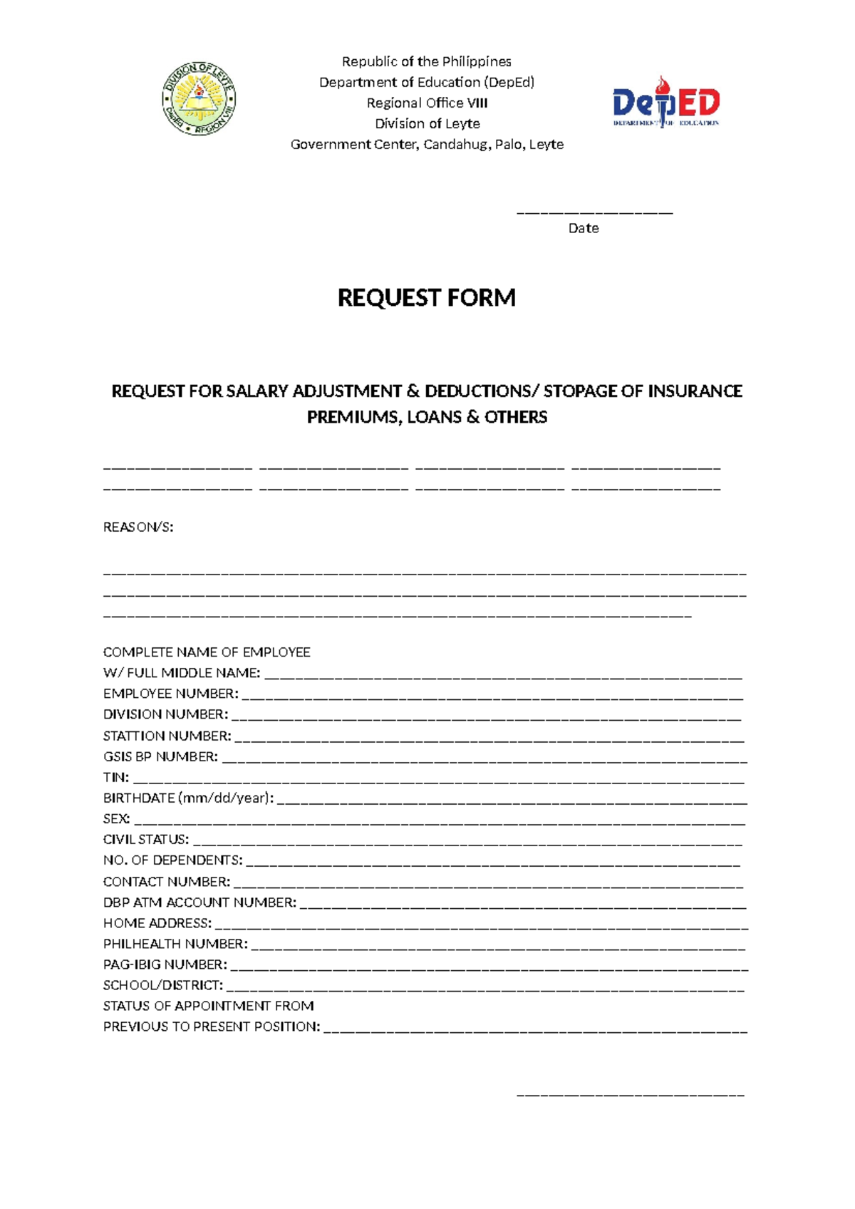 Request FORM - Republic of the Philippines Department of Education ...