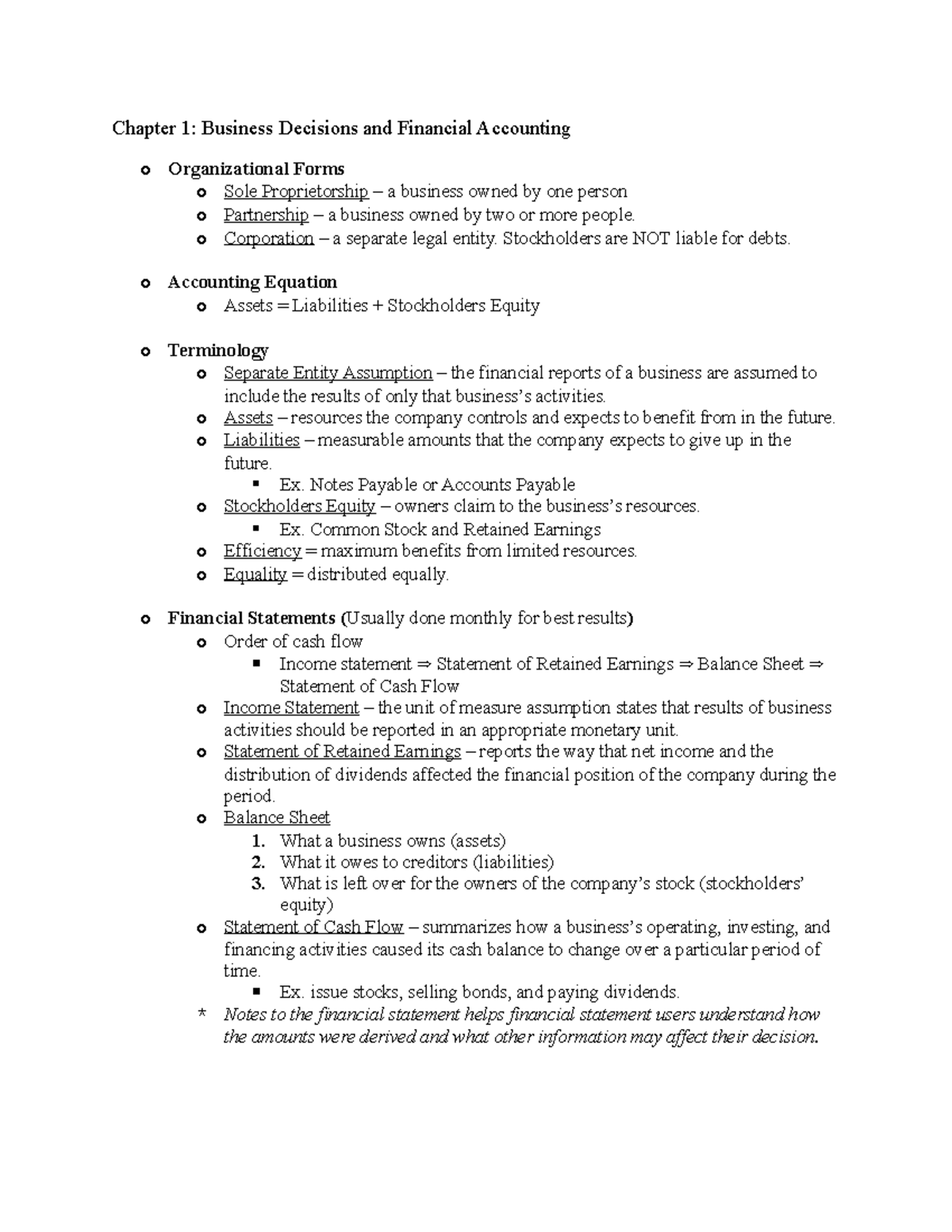 ACC 211 Ch1 notes - Chapter 1: Business Decisions and Financial ...