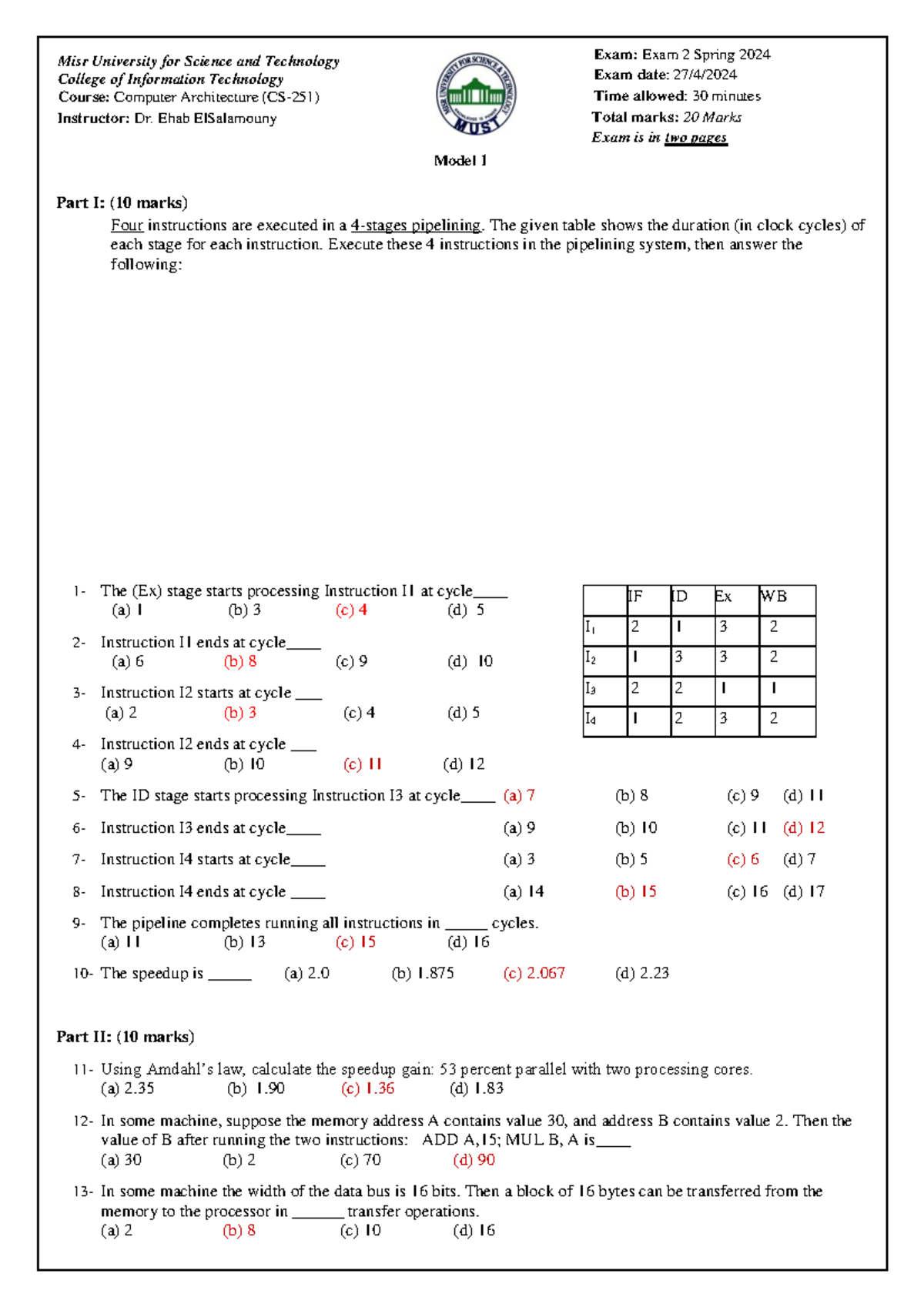 Exam2 1 a - quick revision - Part I: ( 10 marks) Four instructions are ...