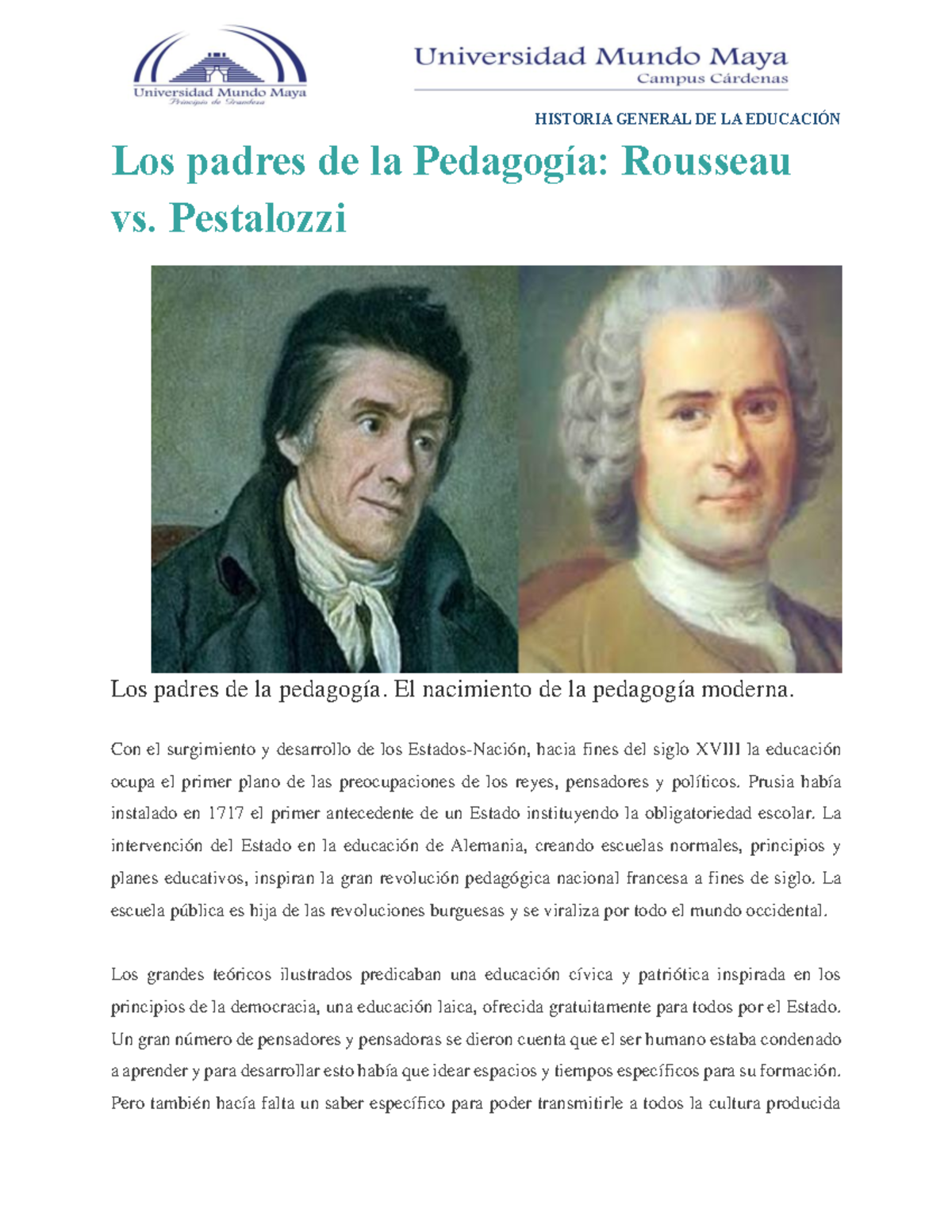 Rousseau y Pestalozzi - Reporte de lectura sobre pedagogía - Los padres ...