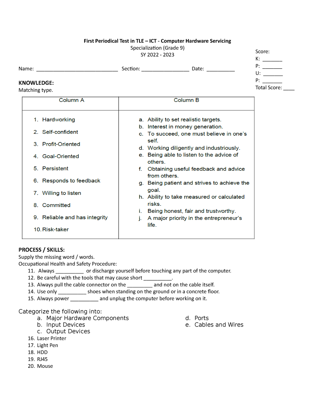 PT TLE 9 Q1 - For Practice Purposes - First Periodical Test In TLE ...