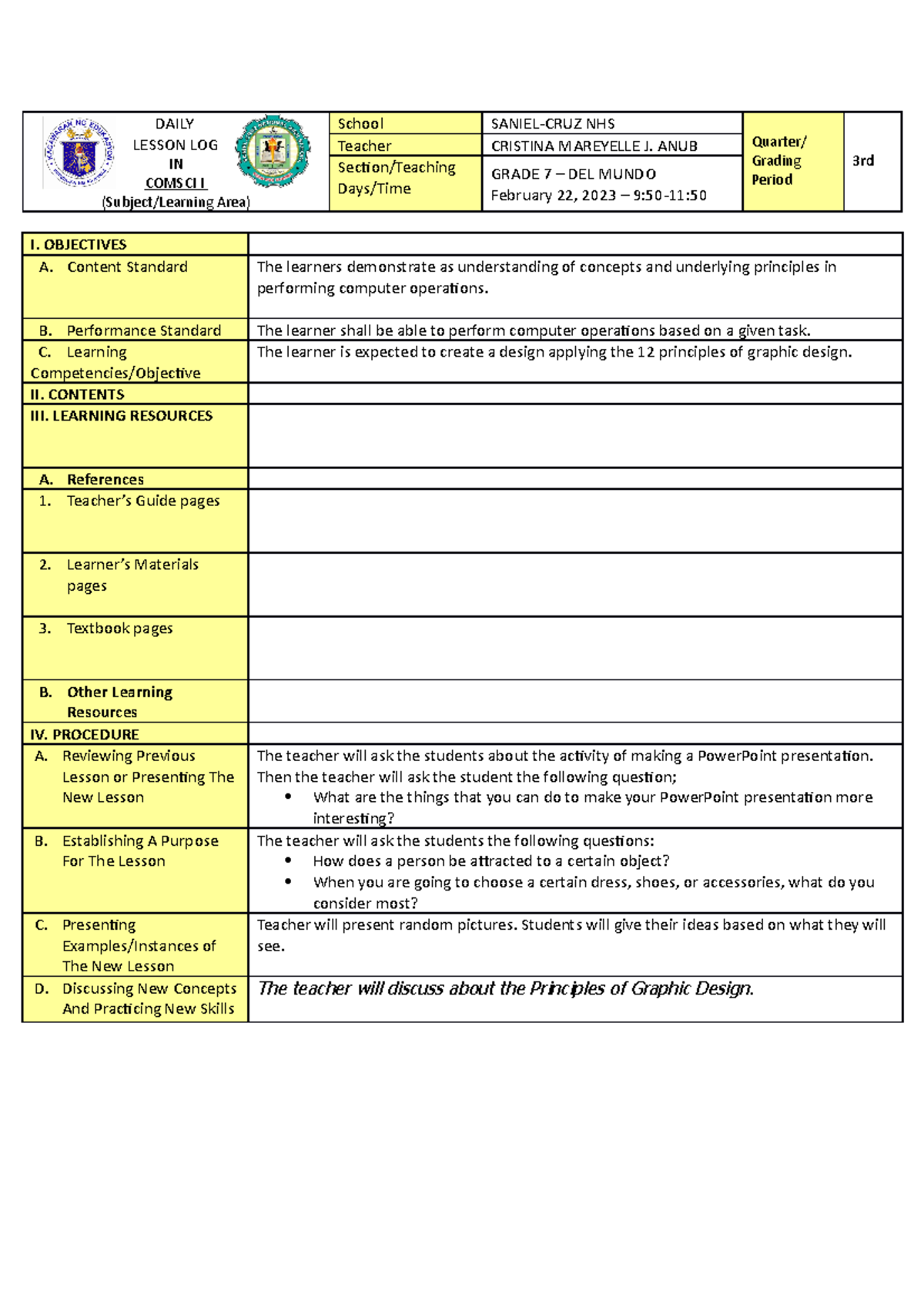 CSS - G7 - Practice teaching sample lesson plan - DAILY LESSON LOG IN ...