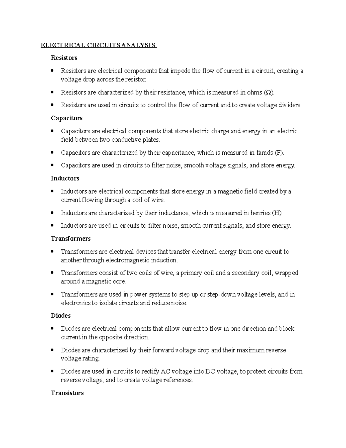 Electrical Circuits Analysis Notes 2 ELECTRICAL CIRCUITS ANALYSIS Resistors Resistors are