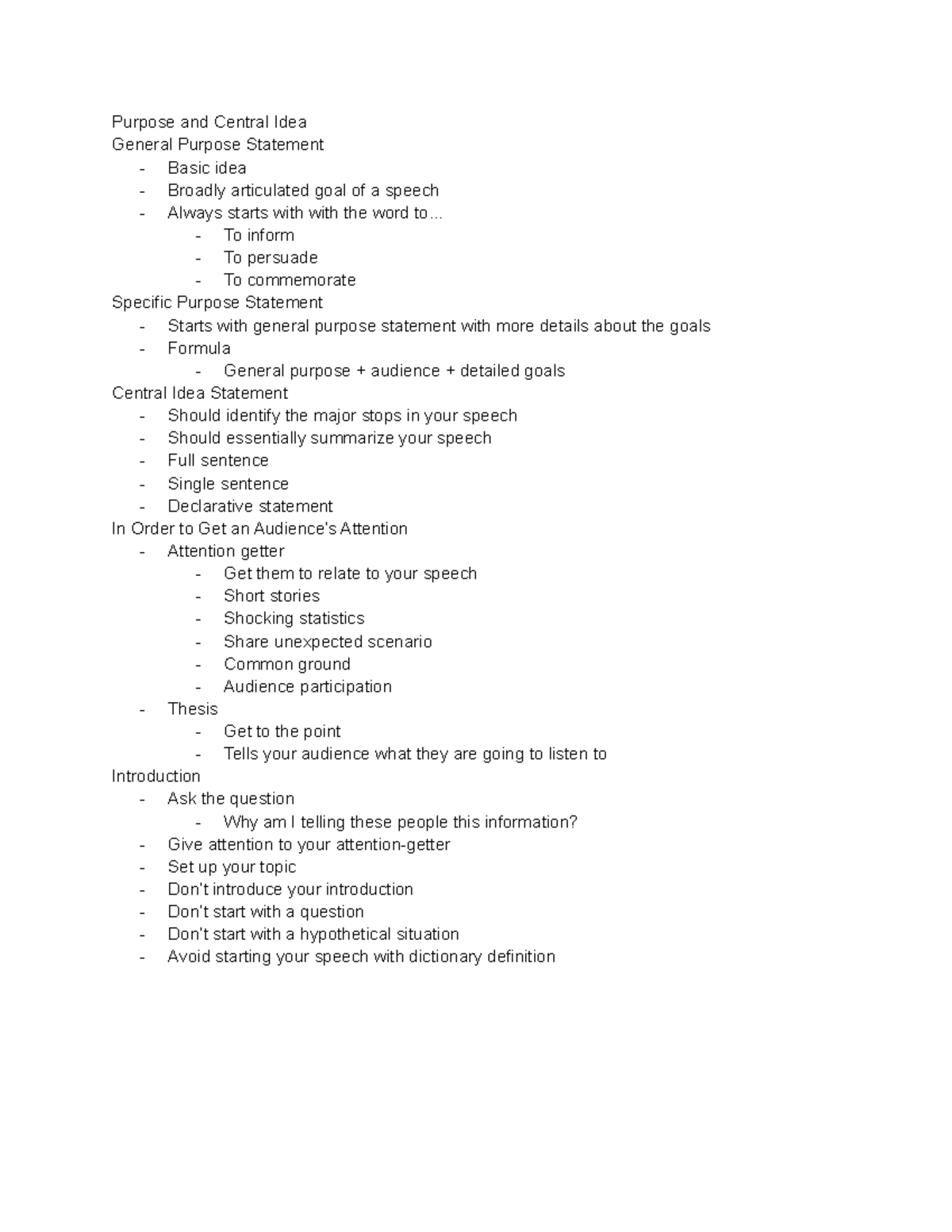Public Speaking Week 2 - Lecture notes 2 - Purpose and Central Idea ...