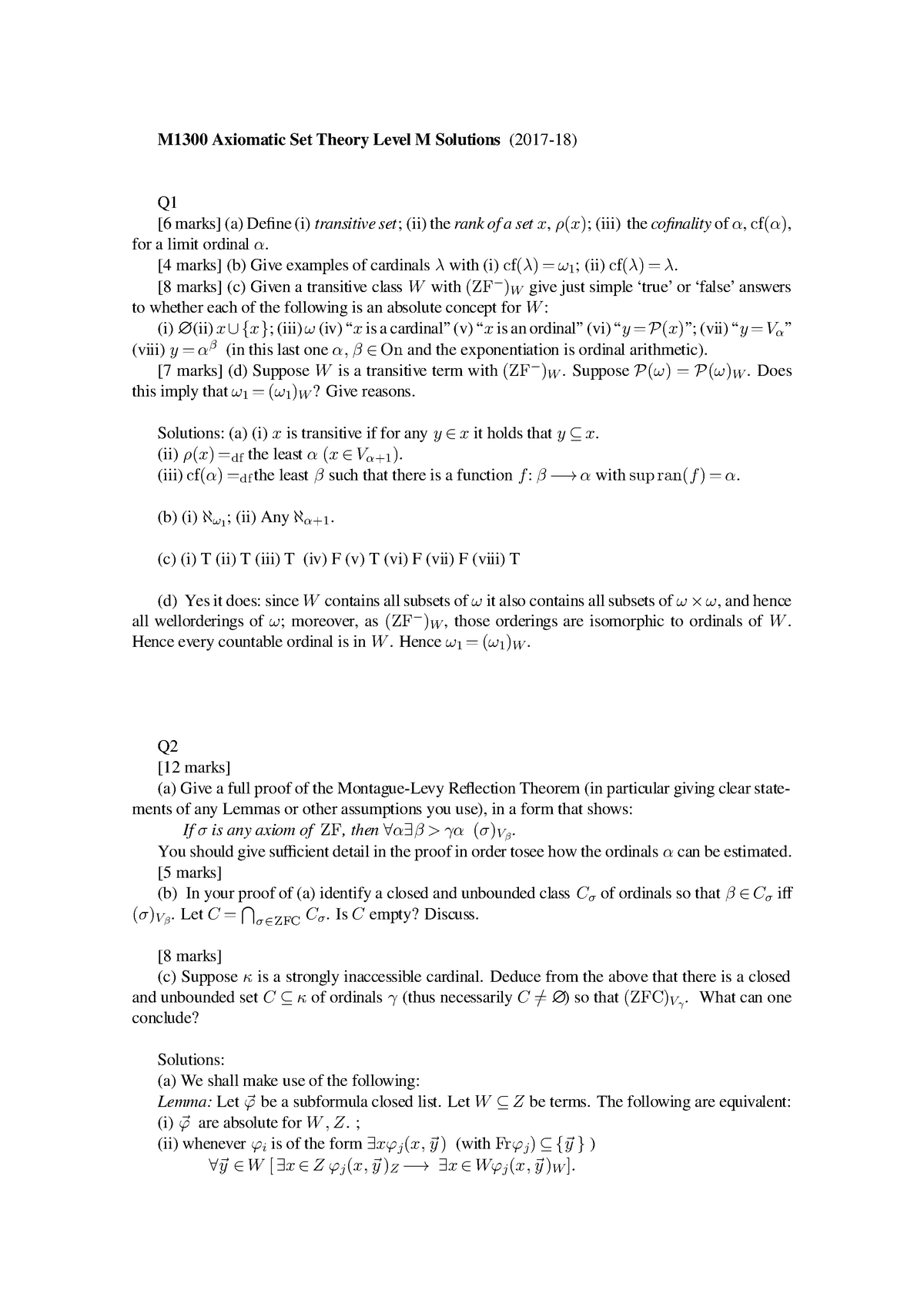 Axiomatic Set Theory Exam Solutions 2018 - M1300 Axiomatic Set Theory ...