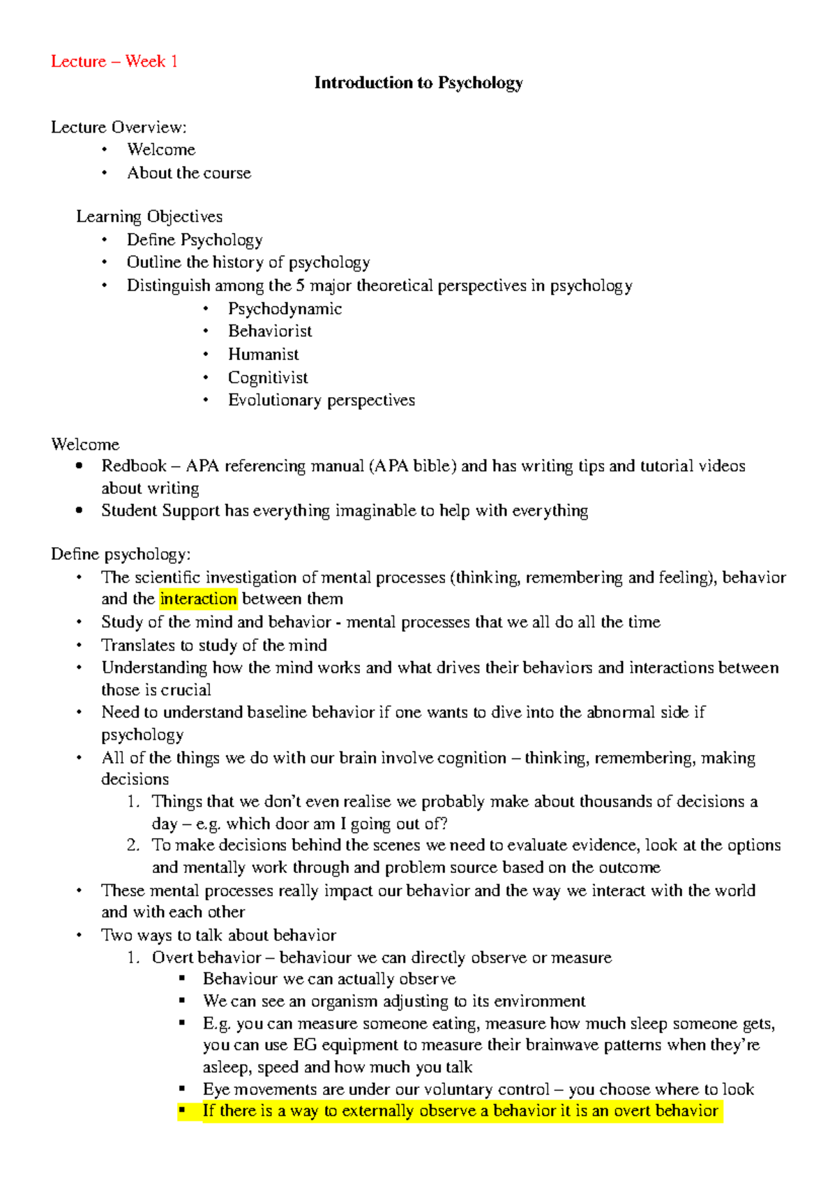 1001PSY Notes Weeks 1 and 2 - Lecture – Week 1 Introduction to ...