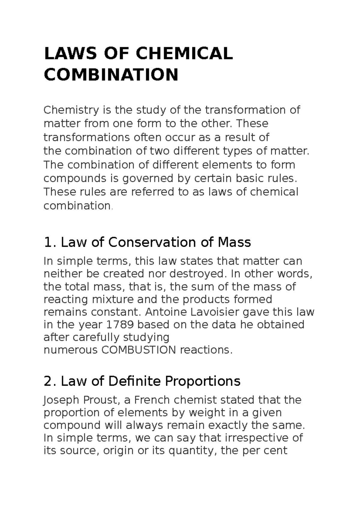 LAWS OF Chemical Combination LAWS OF CHEMICAL COMBINATION Chemistry