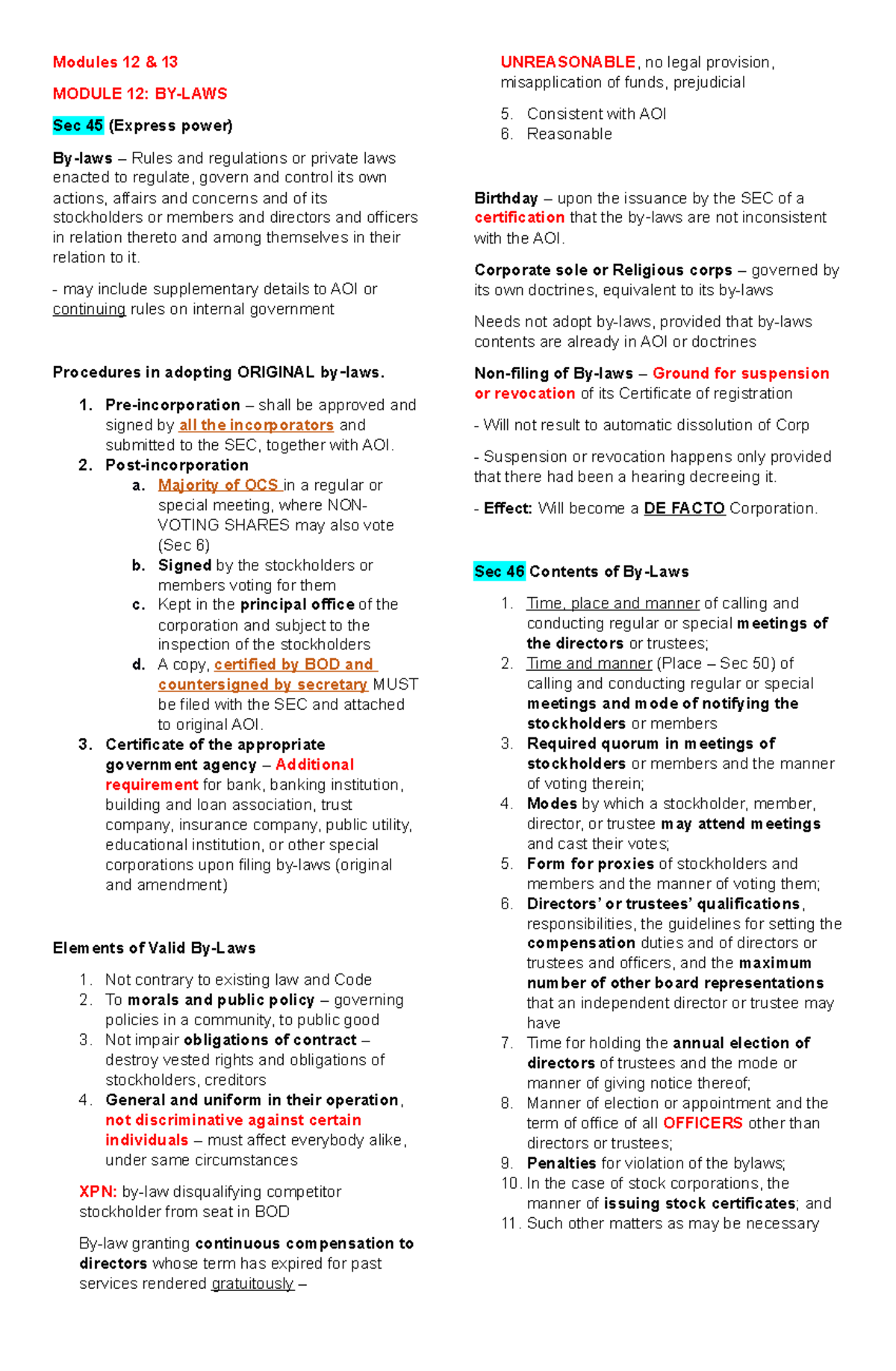 Sec 45-58 Notes - Copy - Modules 12 & 13 MODULE 12: BY-LAWS Sec 45 ...