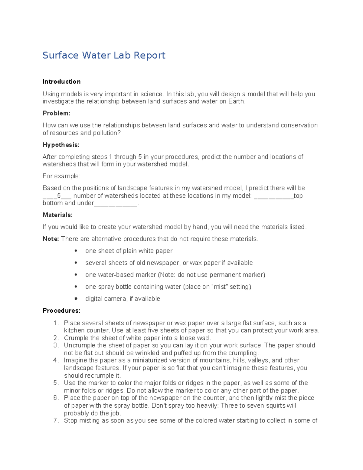 Surface water lab report (1)1 Surface Water Lab Report Introduction