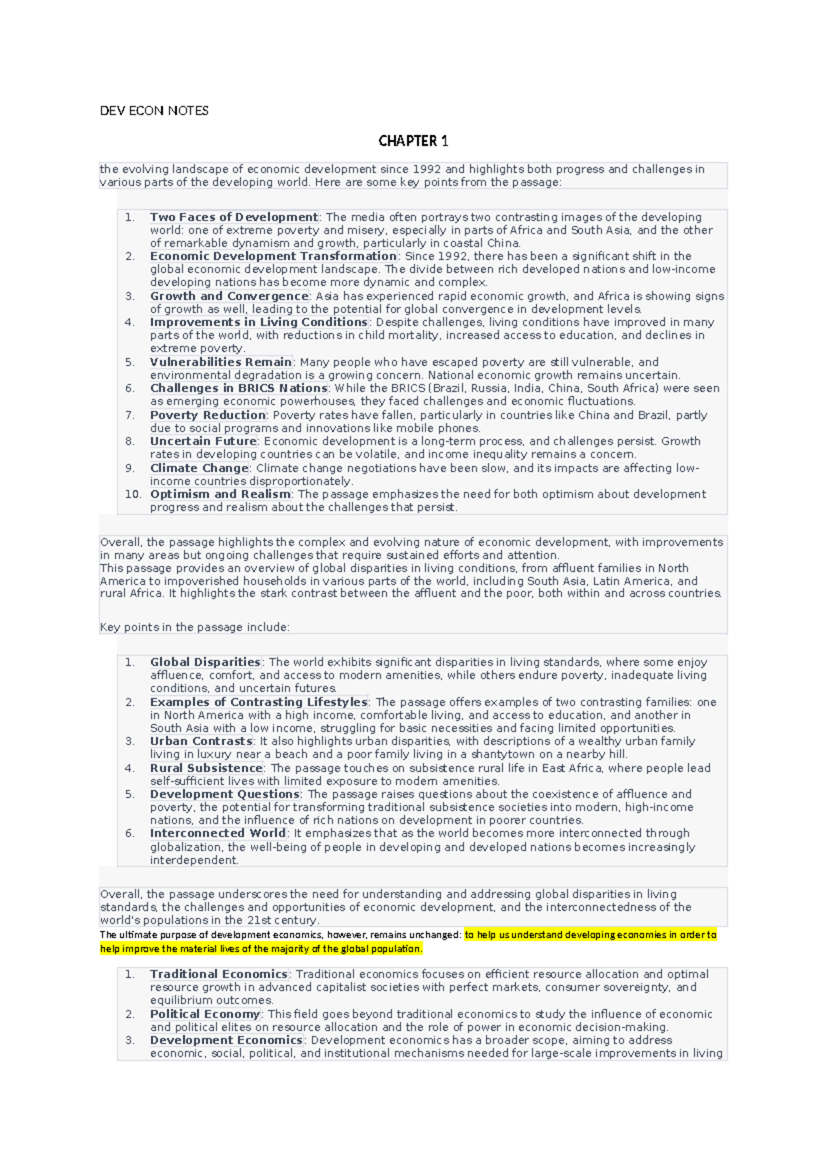 DEV ECON Notes - best - DEV ECON NOTES CHAPTER 1 the evolving landscape ...