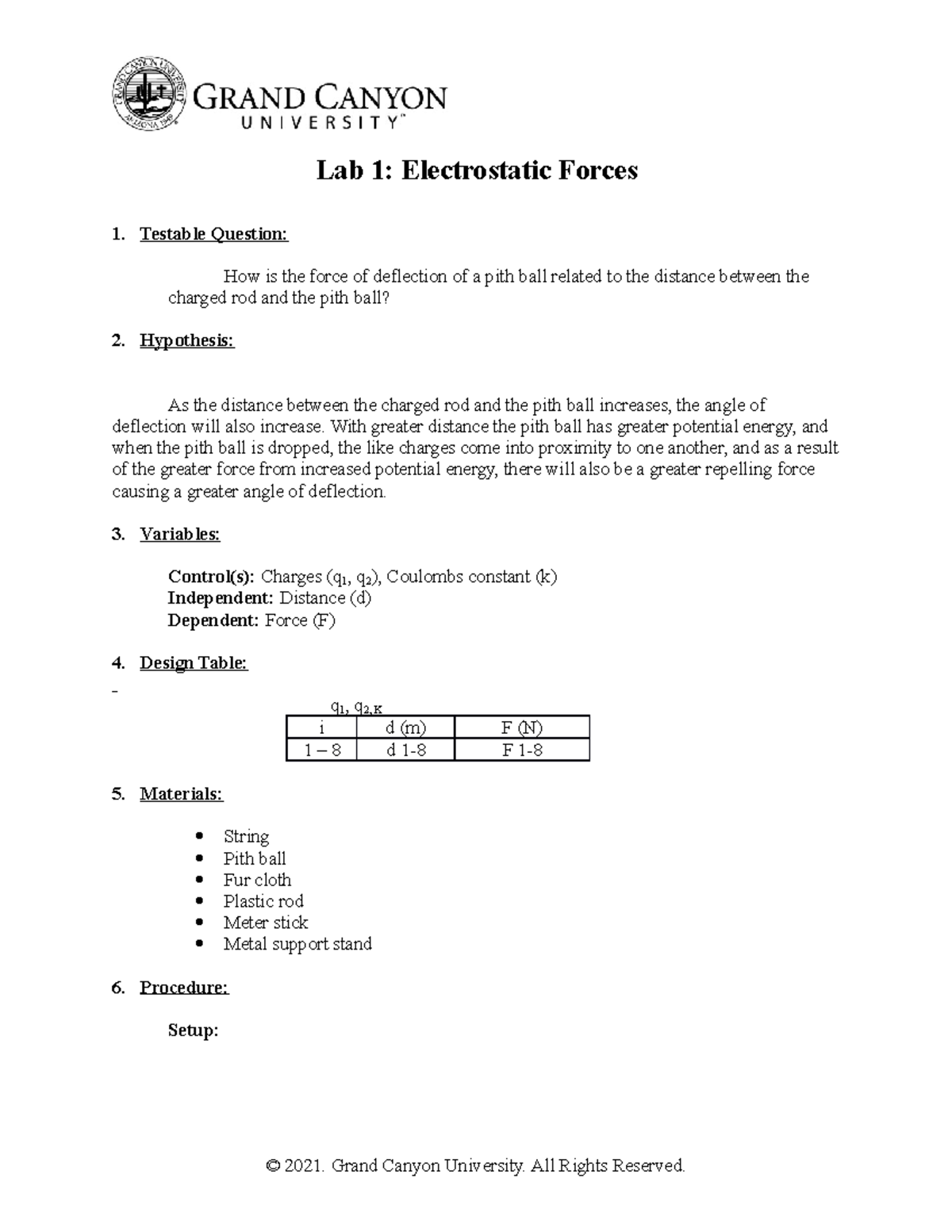 Electrostatic Lab Physics Two Lab 1 Electrostatic Forces Testable Question How is the force