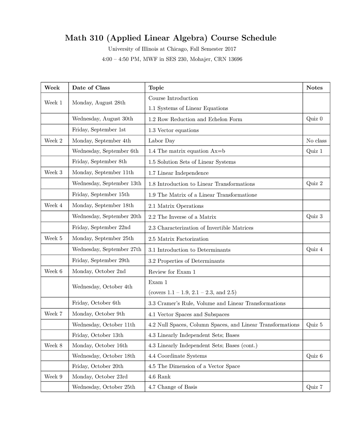 Math 310 fall 2017 uic course schedule Math 310 (Applied Linear