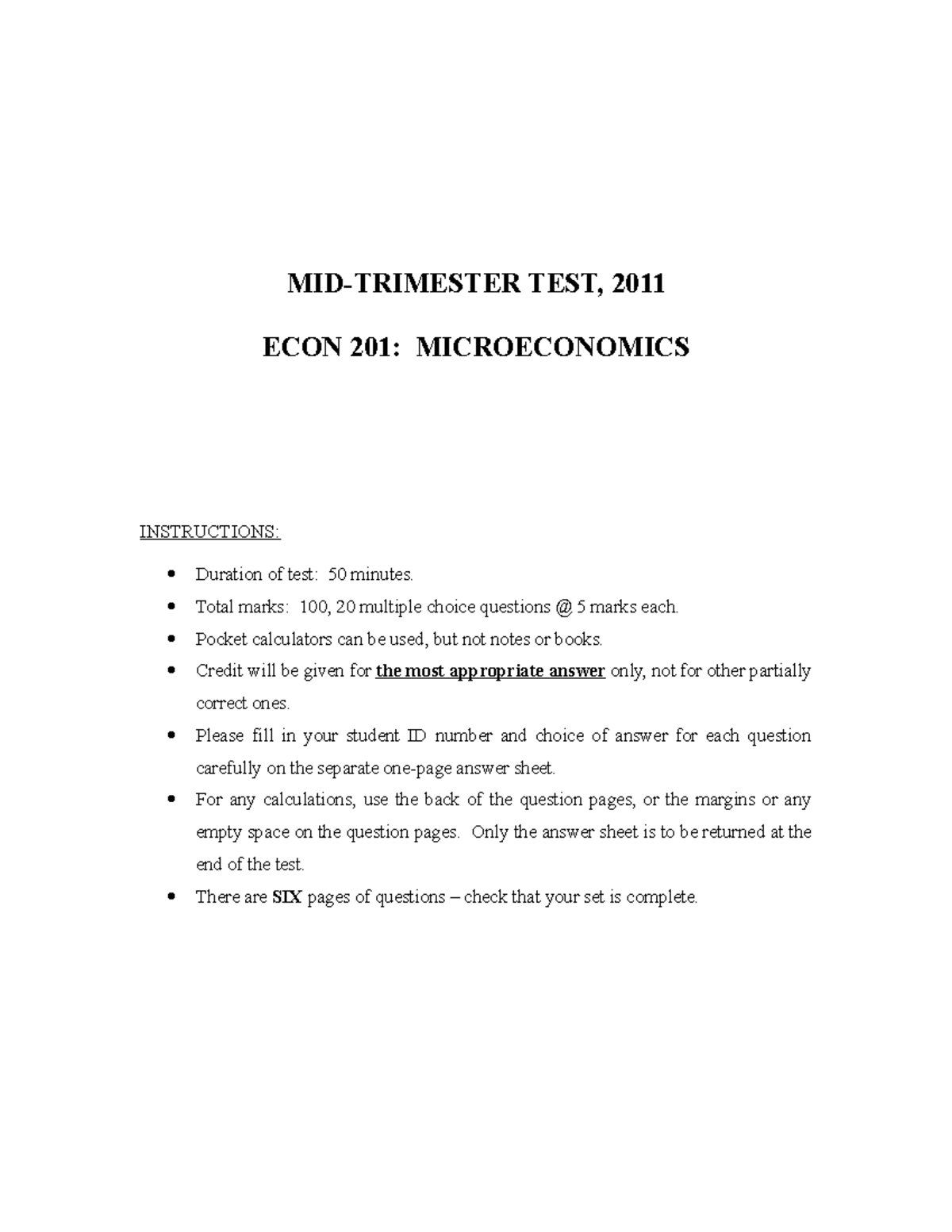 ECON201 2011 midterm questions and answers - MID-TRIMESTER TEST, 2011 ...