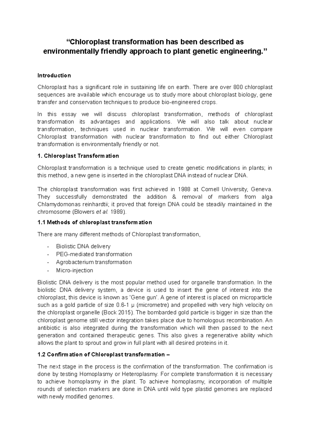 Chloroplasttransformation Important topic for essay qstions please ...