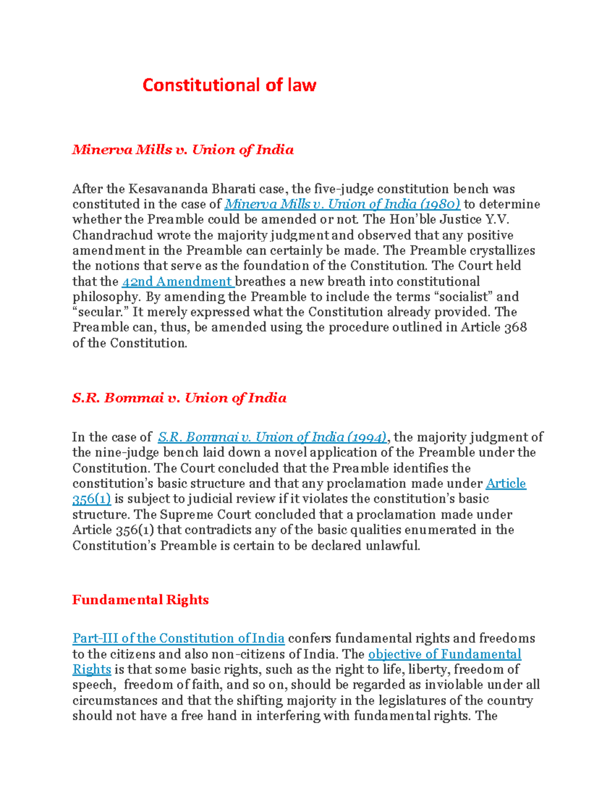 Constitutional law 3 - Constitutional of law Minerva Mills v. Union of ...