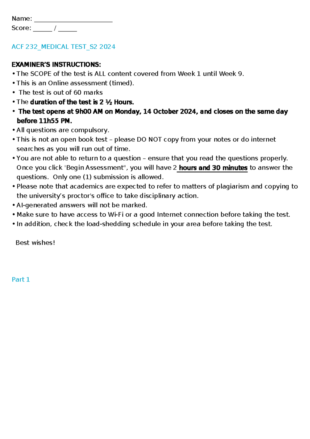ACF 232 Medical TEST - For exam preparations - Name ...