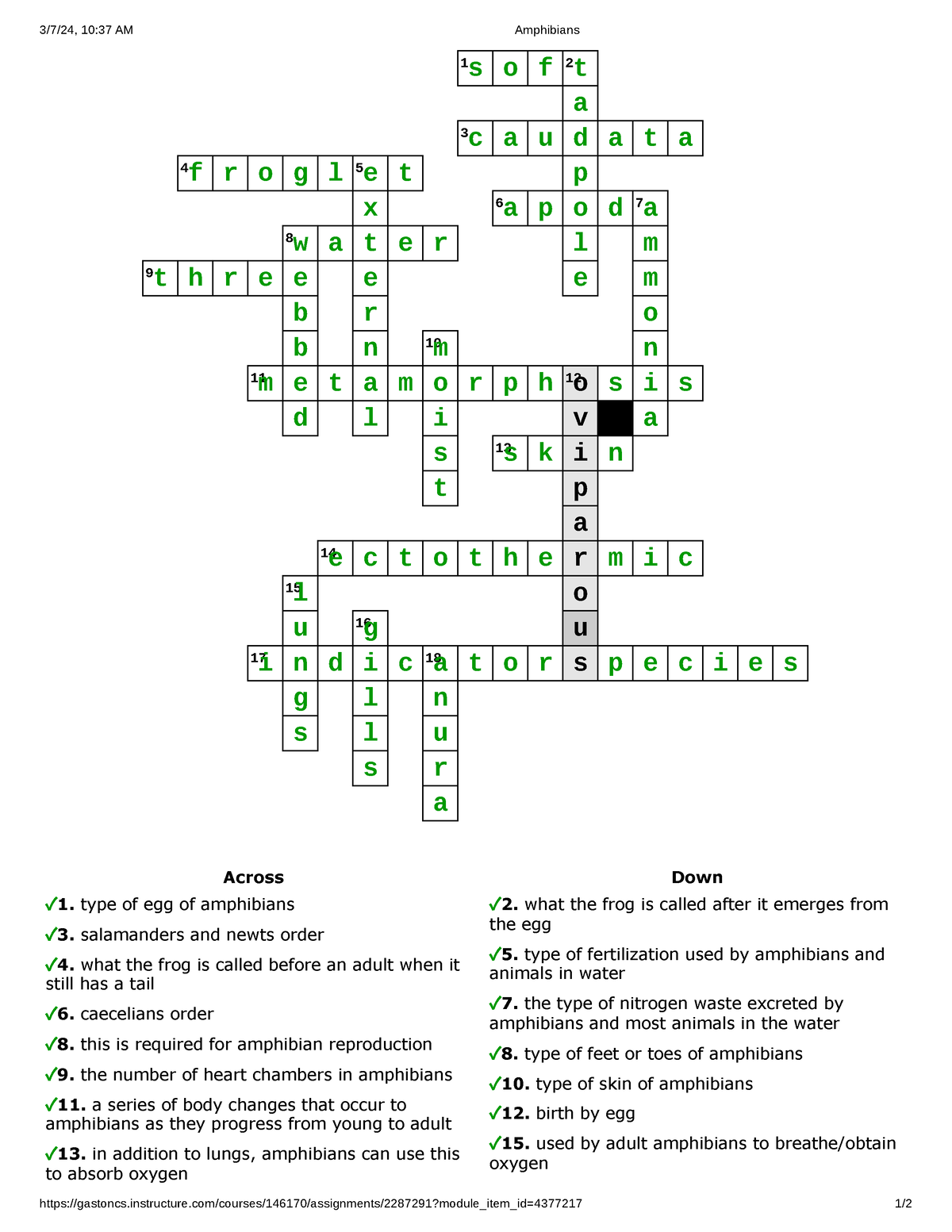 Amphibian Crossword Puzzle - 3/7/24, 10:37 AM Amphibians - Studocu