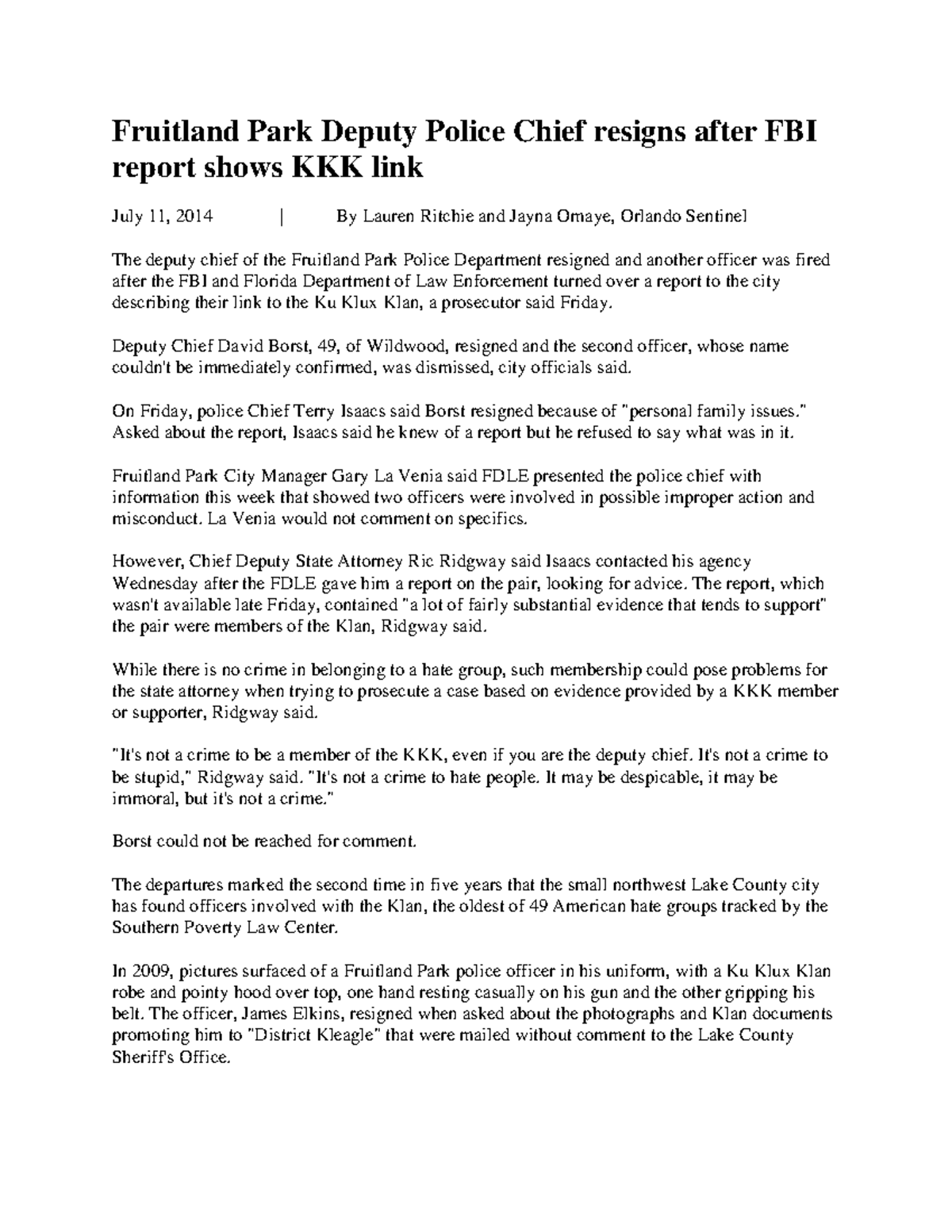 Fruitland Park PD 71114 News Article Fruitland Park Deputy Police