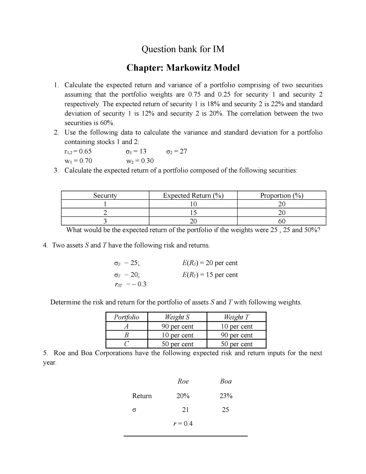 Question Bank For SAPM Markowitz Model - Question Bank For IM Chapter ...