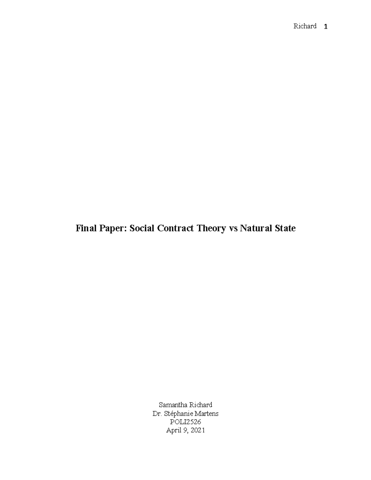 Final Essay Social Contract Theory vs Natural Law. Final Paper