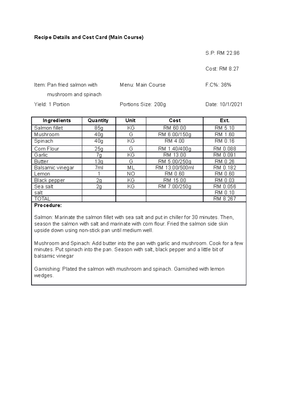 Recipe Details and Cost Card MAIN Course Recipe Details and Cost Card