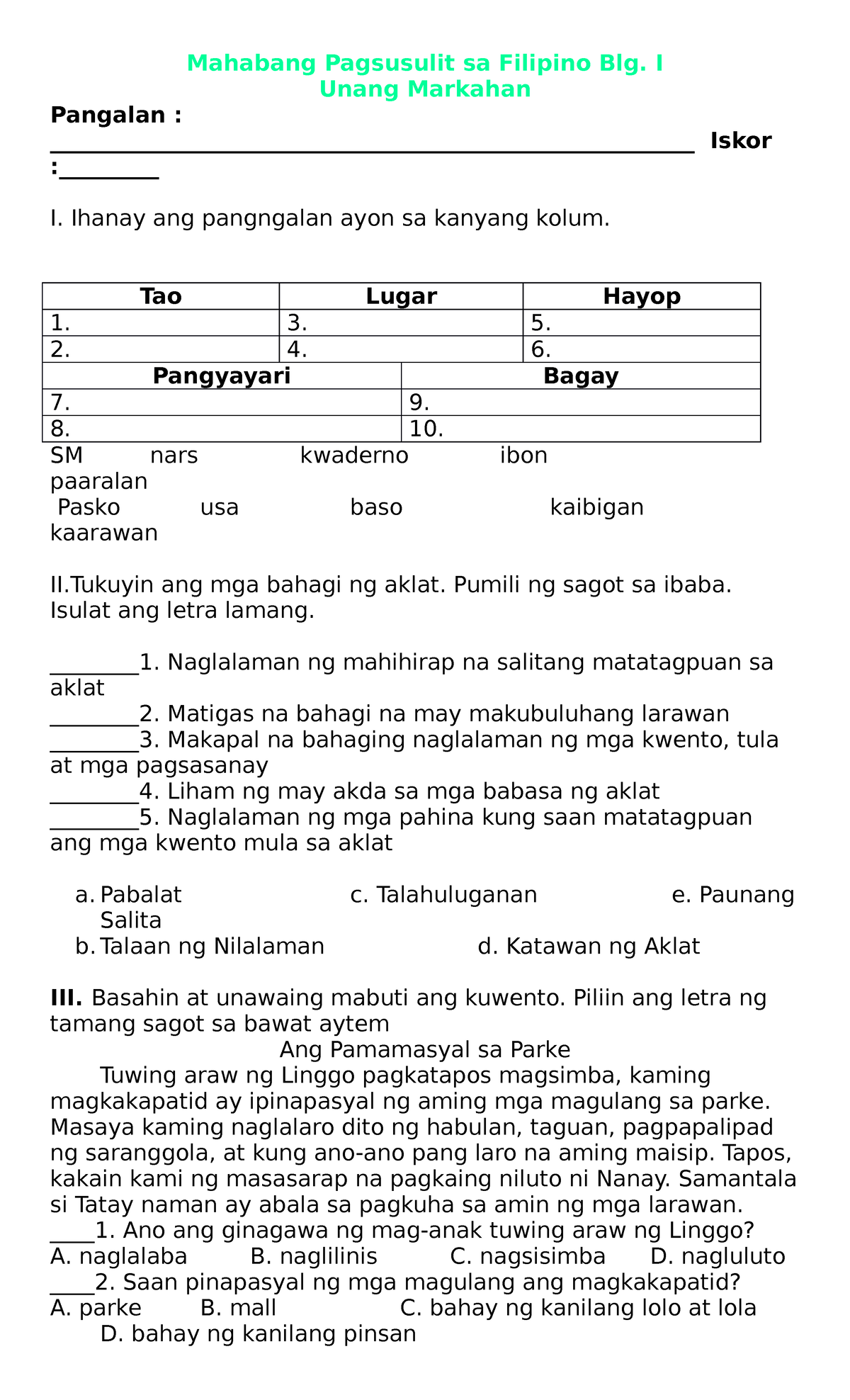 1st Summative 23-24 - Test - Mahabang Pagsusulit Sa Filipino Blg. I ...