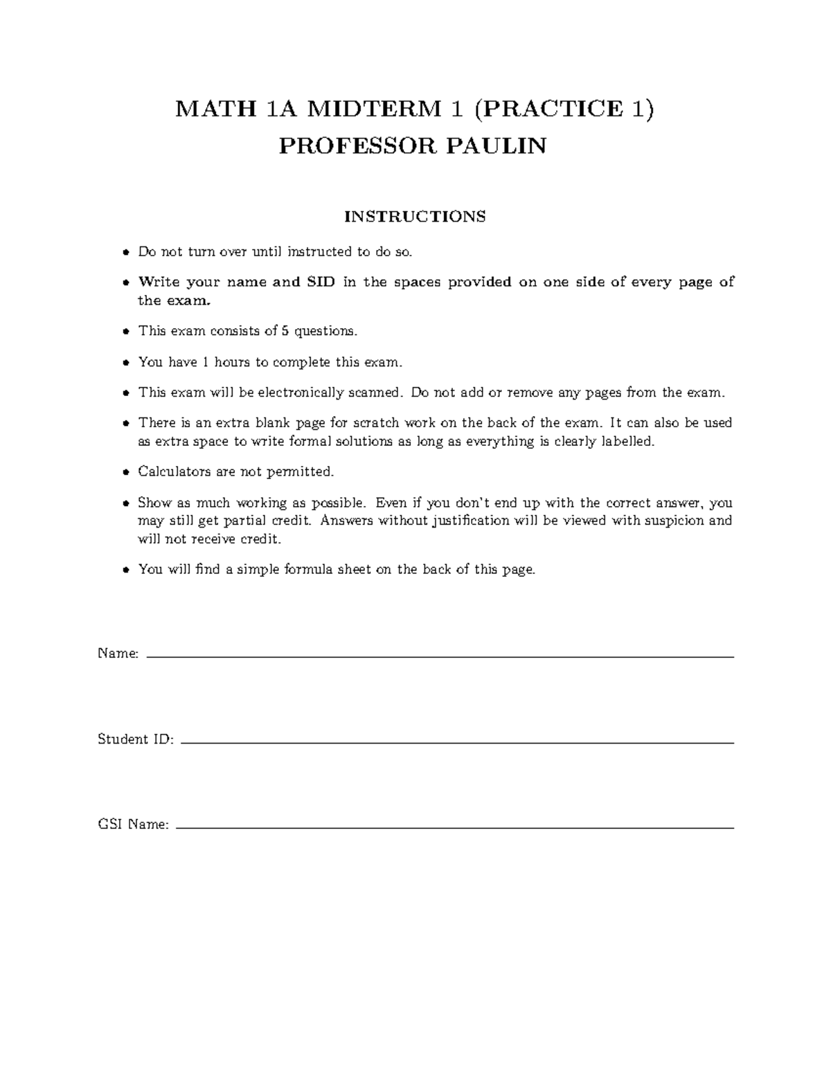 1AMidterm 1(Practice 1) Solutions - MATH 1A MIDTERM 1 (PRACTICE 1 ...