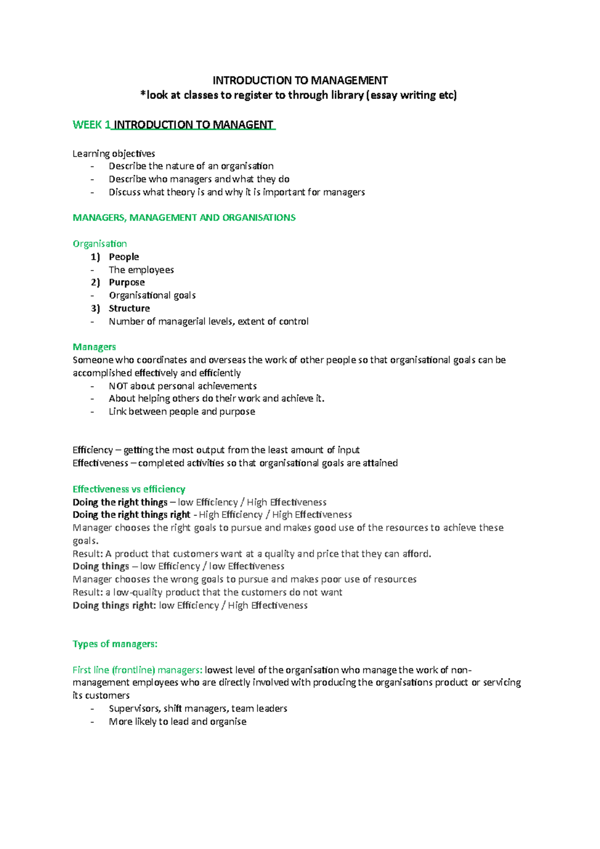 Introduction TO Management notes - INTRODUCTION TO MANAGEMENT *look at ...