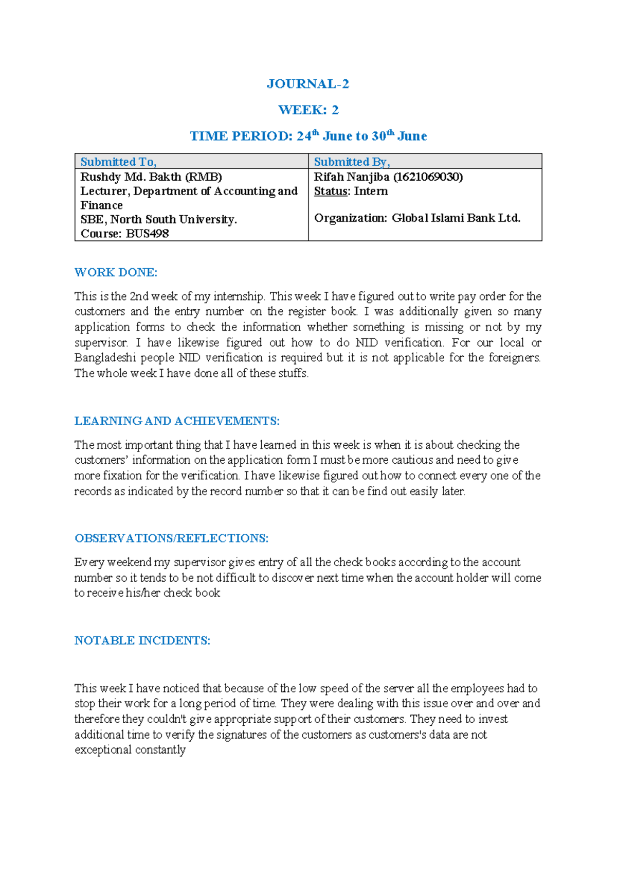 Journal 1 - JOURNAL- WEEK: 2 TIME PERIOD: 24 th June to 30 th June ...