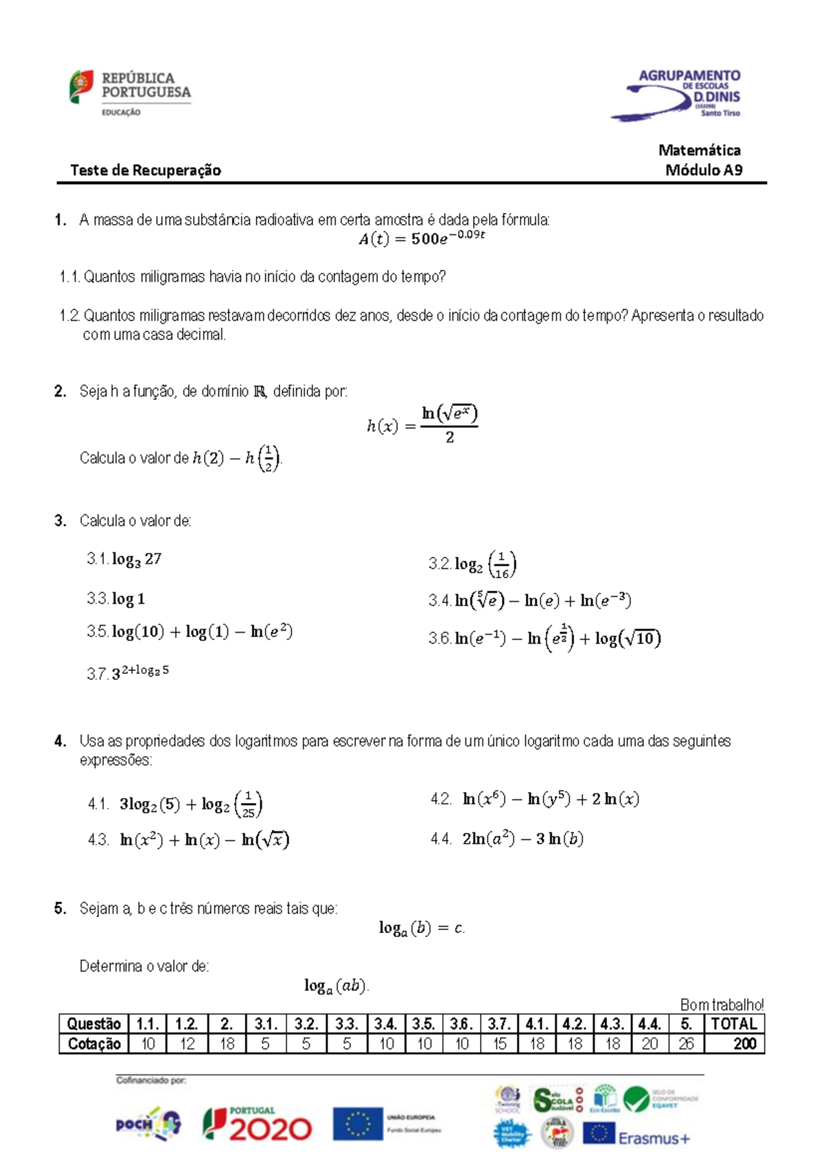 A9 Recuperacao Modulo Extra - Matemática Teste de Recuperação Módulo A ...
