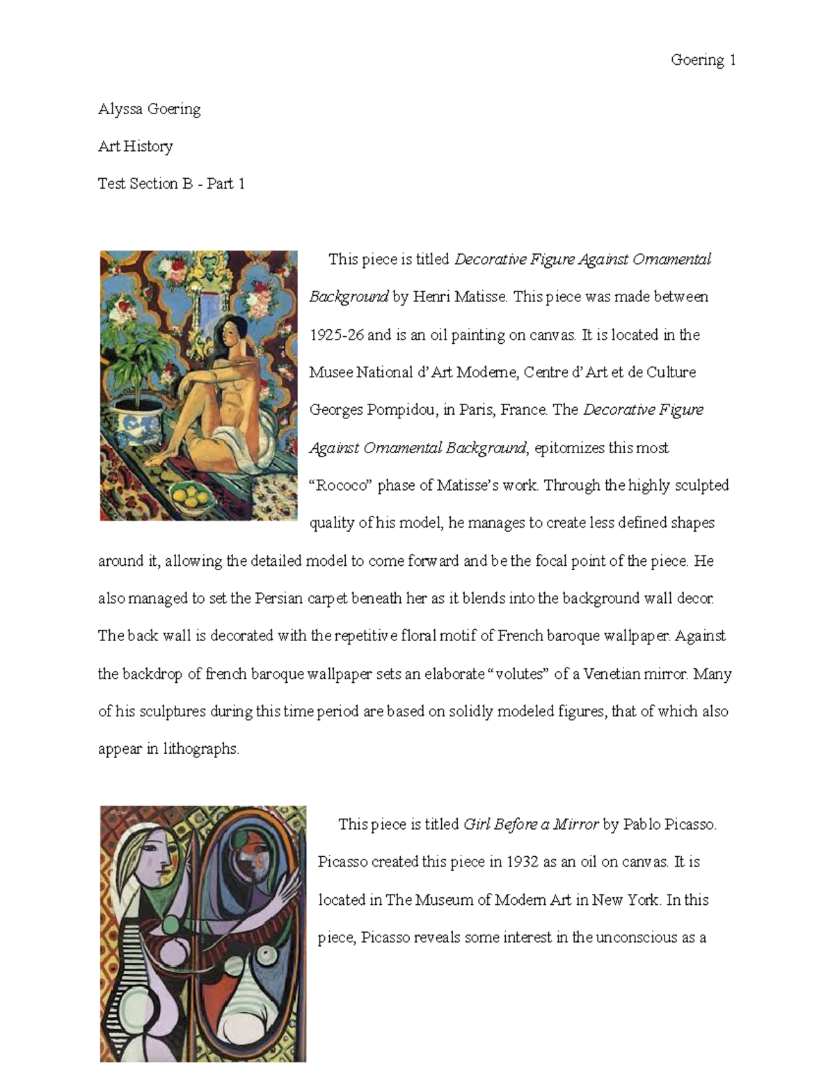 Art History Test Section B Part 1 Goering 1 Alyssa Goering Art